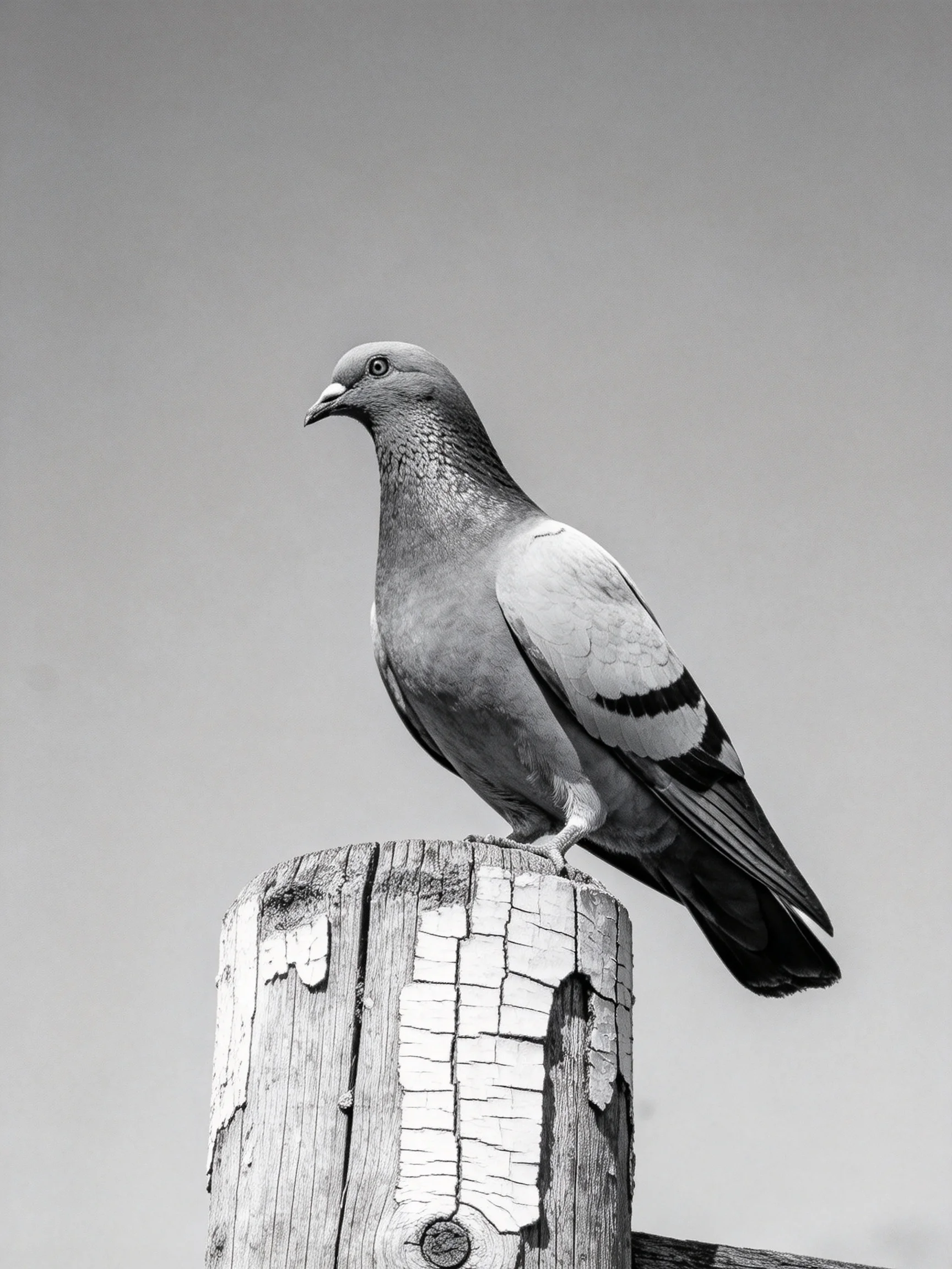 A pigeon perches on a weathered wooden post against a plain sky