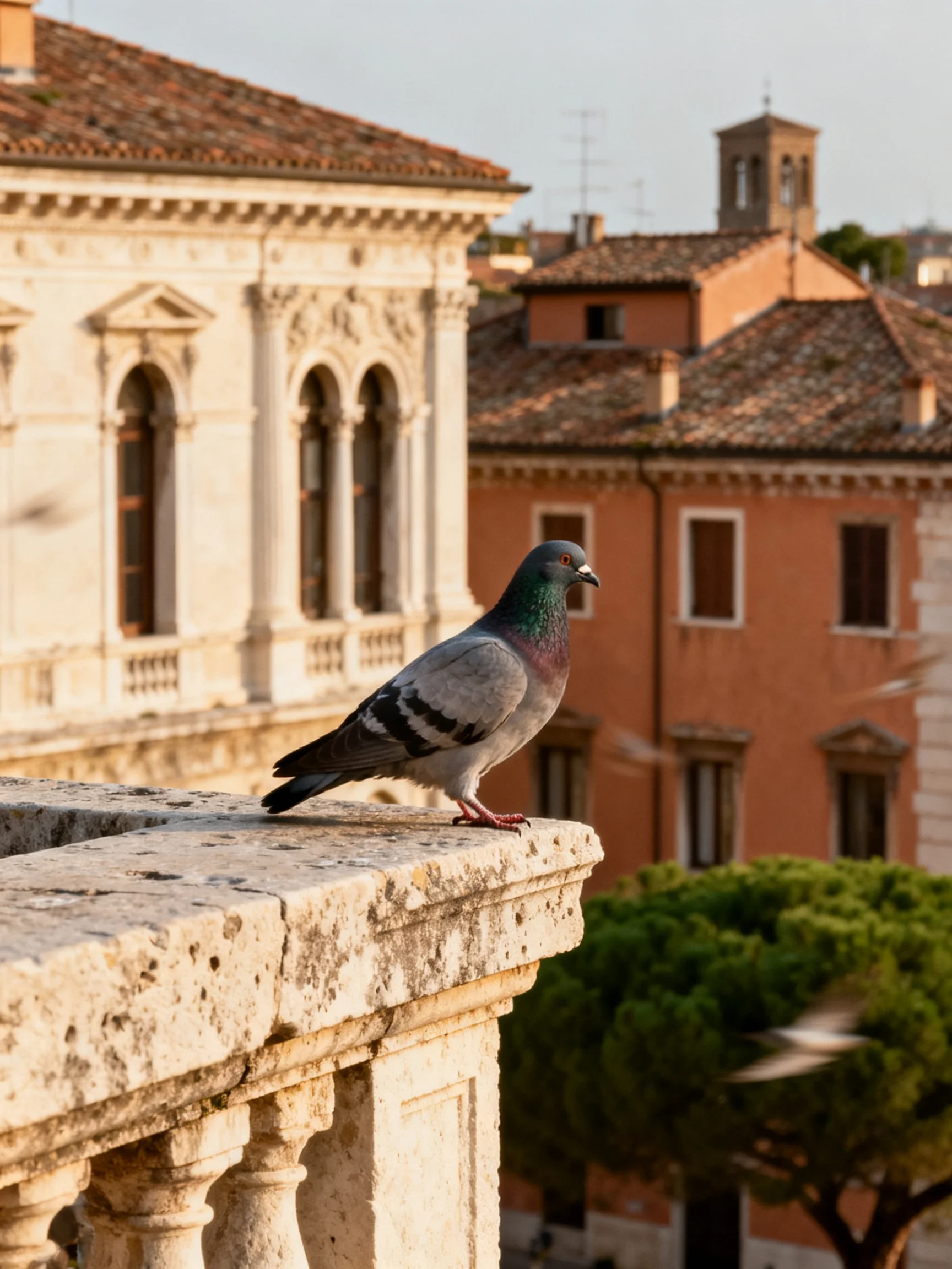 A pigeon perches on an aged stone balcony near terracotta-roofed buildings