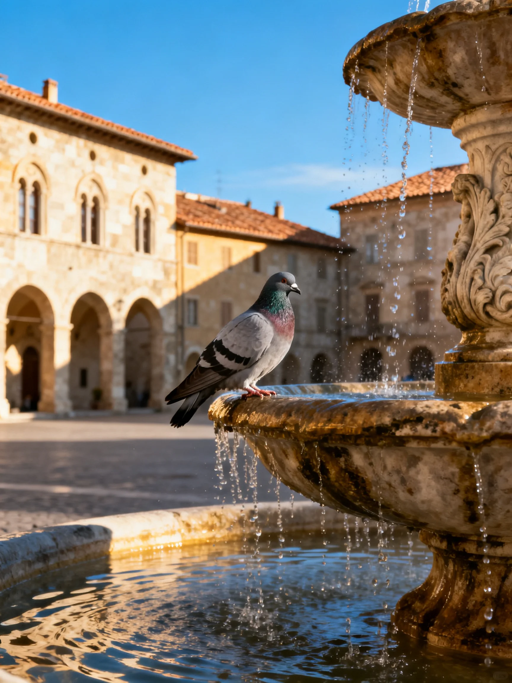 A pigeon perches on an ornate stone fountain amid historic buildings