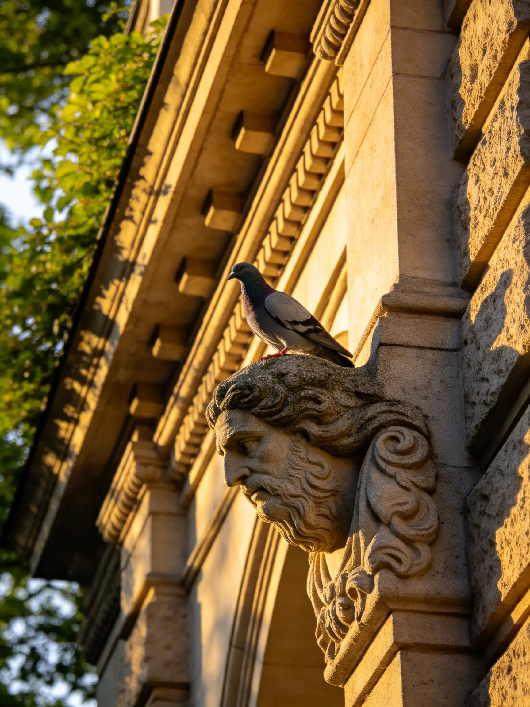 A pigeon perches on an ornate stone sculpture near a historic building