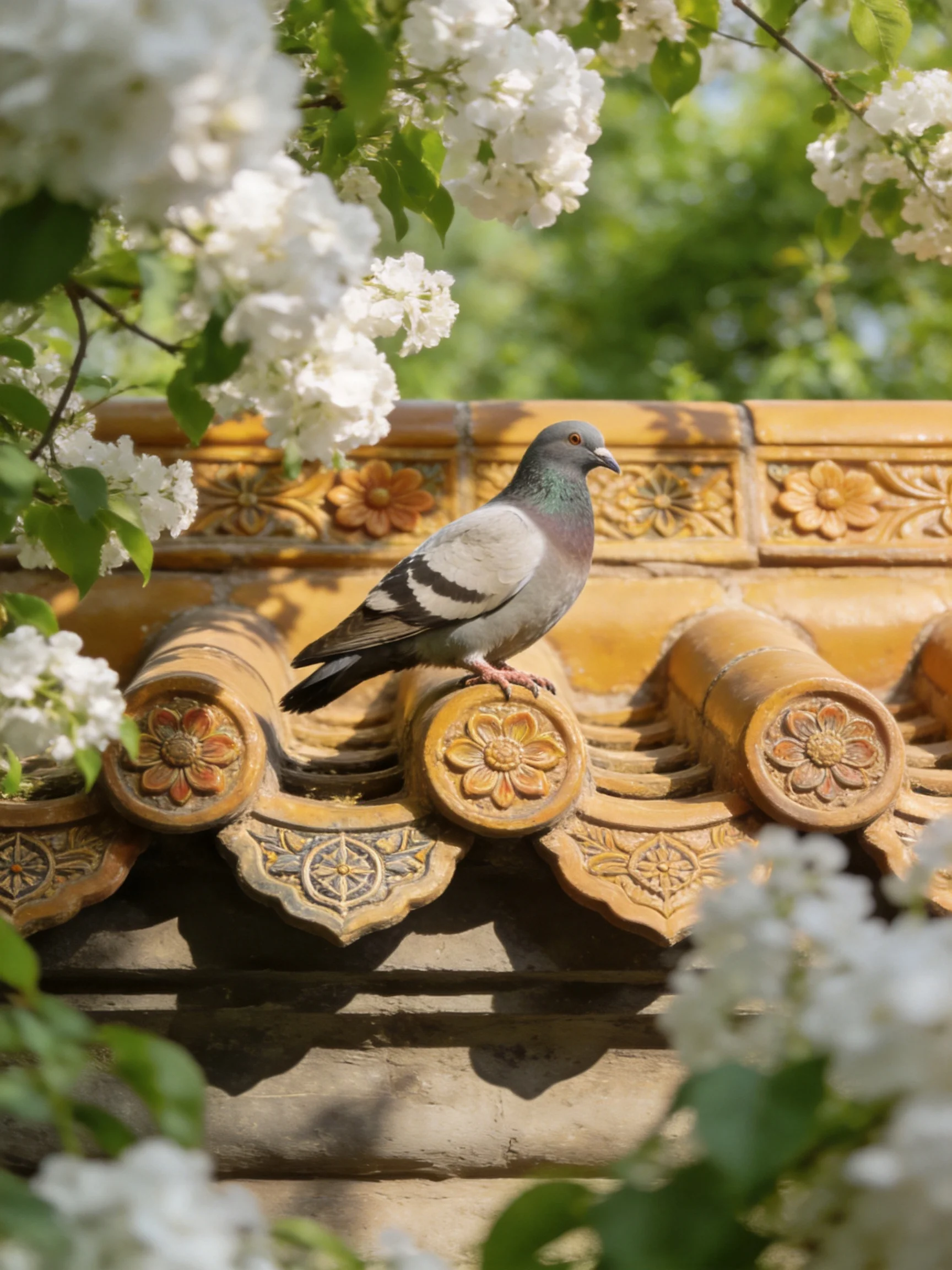 A pigeon perches on an ornate yellow-tiled roof with white blossoms