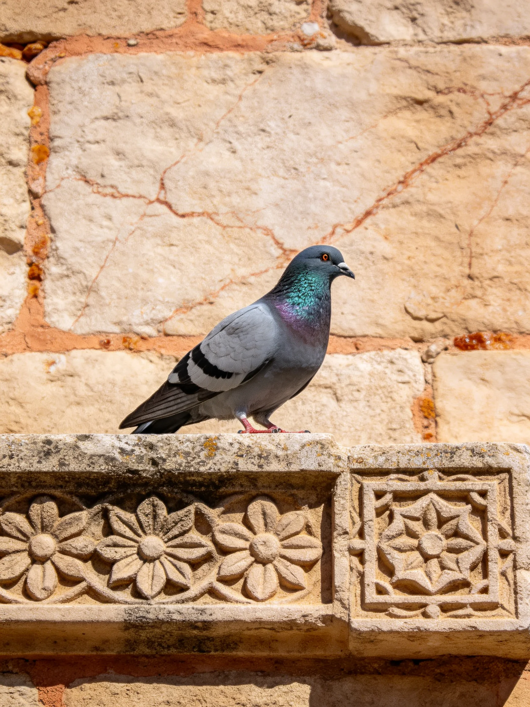 A pigeon perches on an ornately carved stone ledge near a cracked brick wall