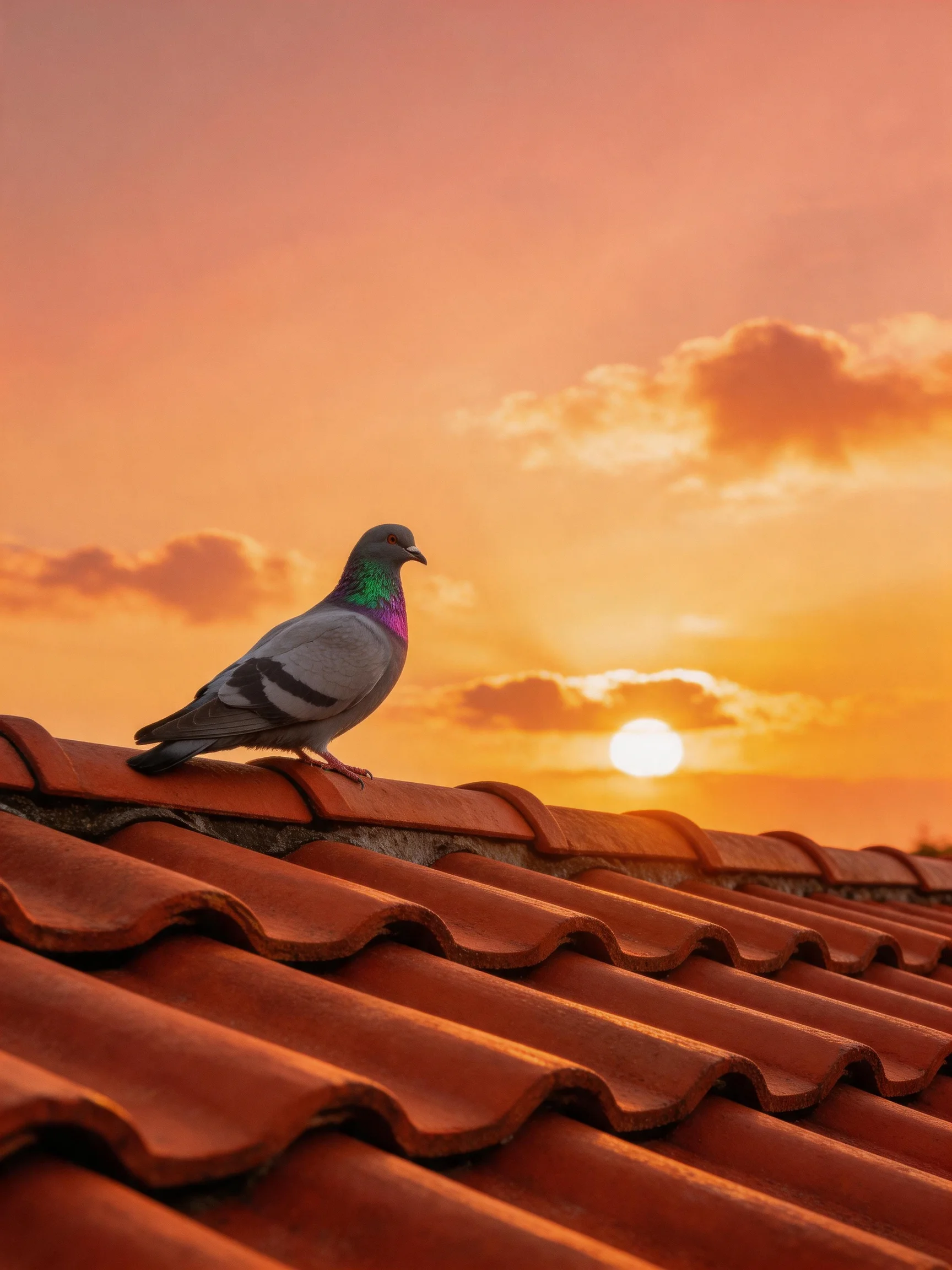 A pigeon perches on terracotta roof tiles during a warm sunset