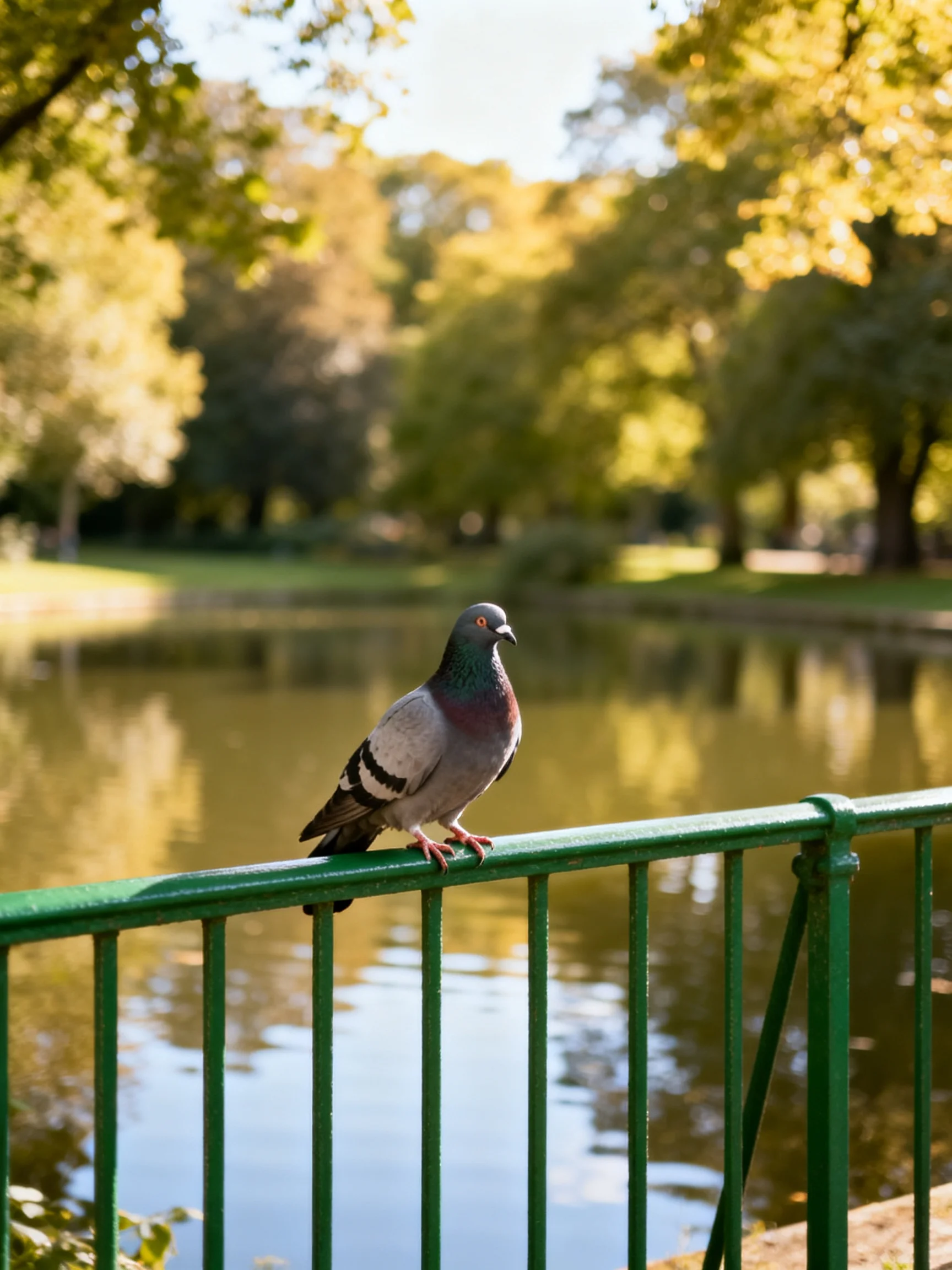 A pigeon perches ona green railing by a tranquil pond