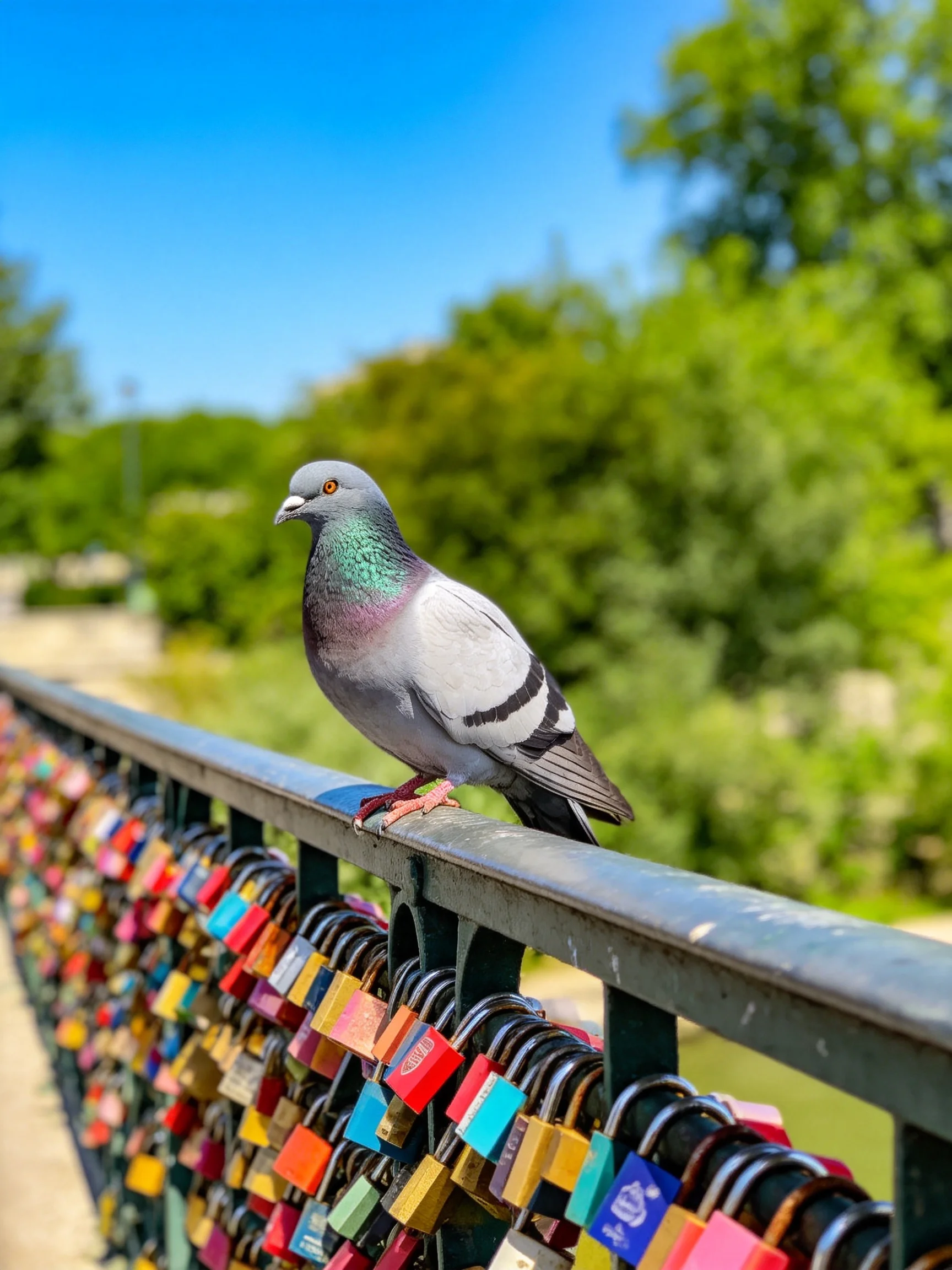 A pigeon sits among colorful love locks on a bridge