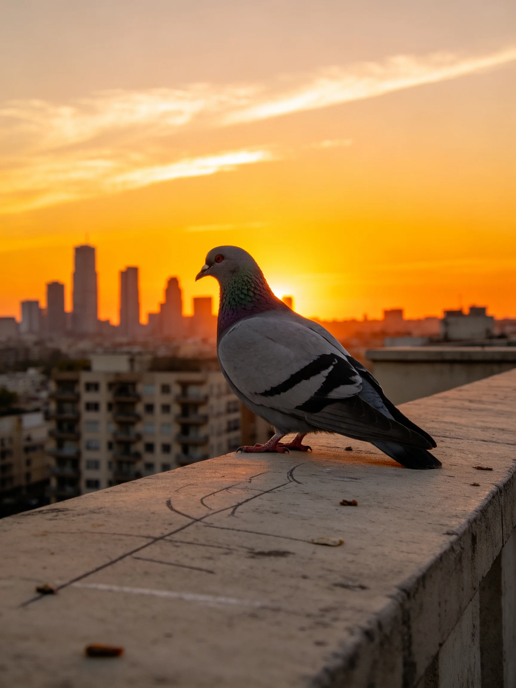 A pigeon rests on a ledge amid a golden city sunset