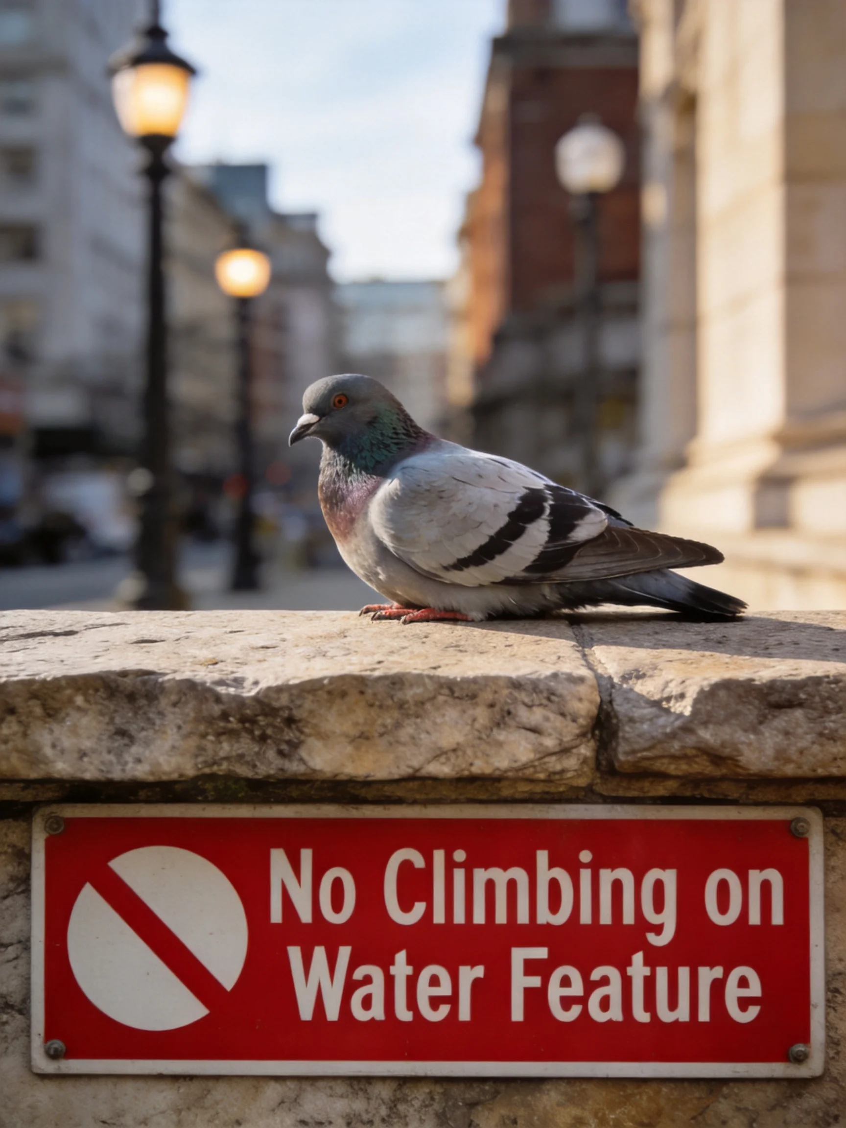 A pigeon rests on a stone ledge near a red prohibition sign