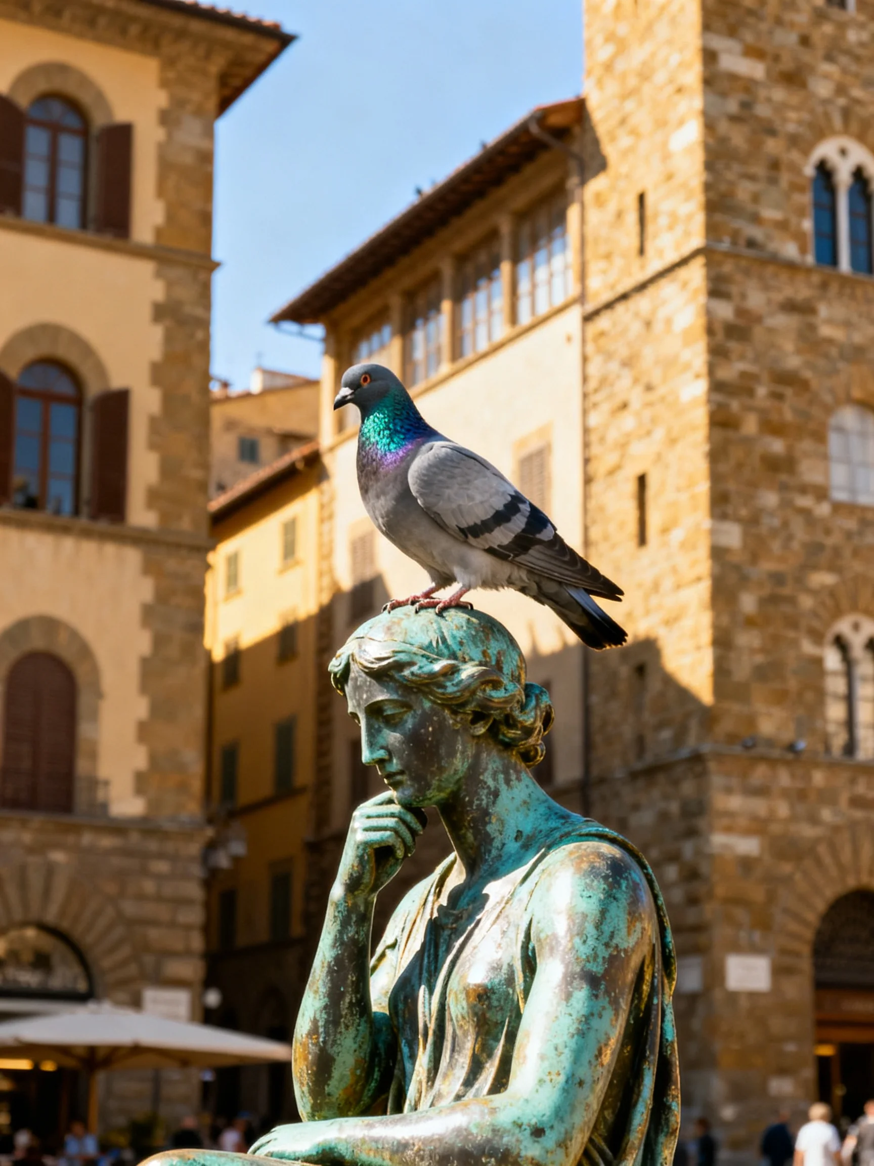 A pigeon rests on a verdigris statue near ancient stone buildings