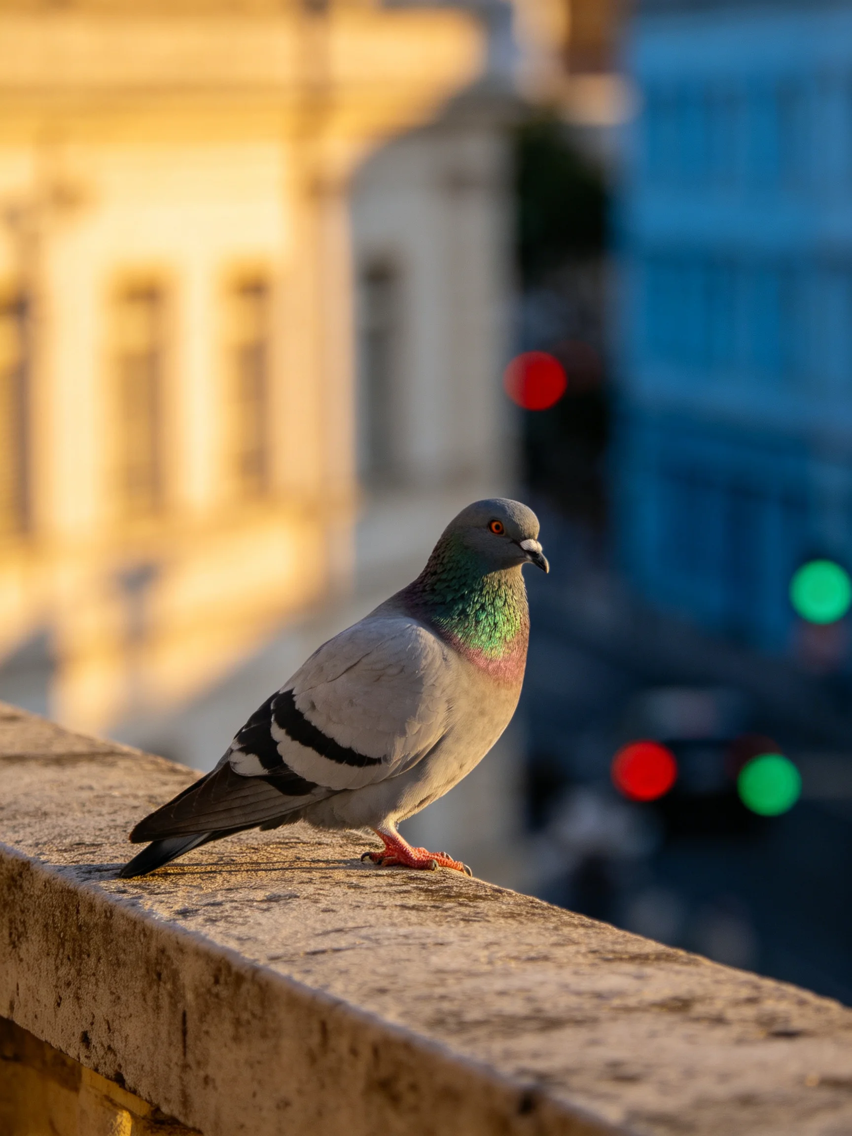 A pigeon rests on a weathered stone ledge amid glowing city buildings