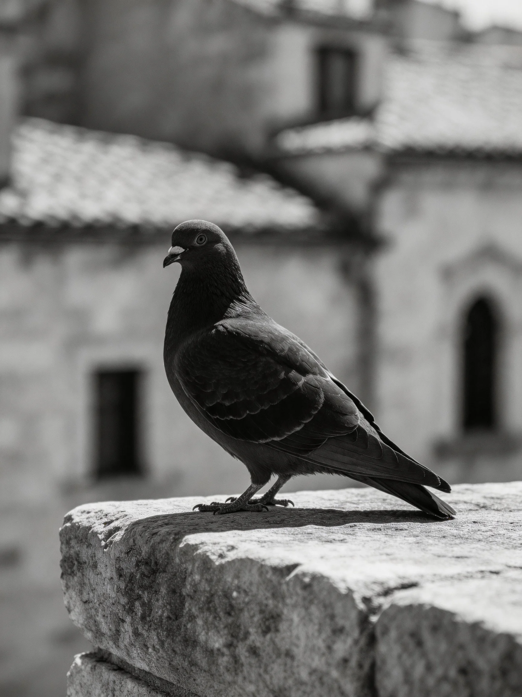 A pigeon rests on a weathered stone ledge amid historic buildings