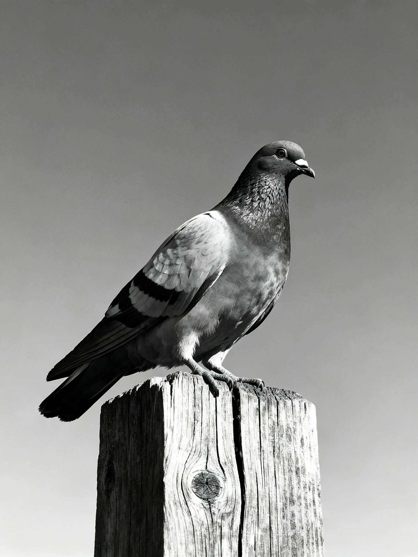 A pigeon sits atop a worn wooden post beneath an open sky.