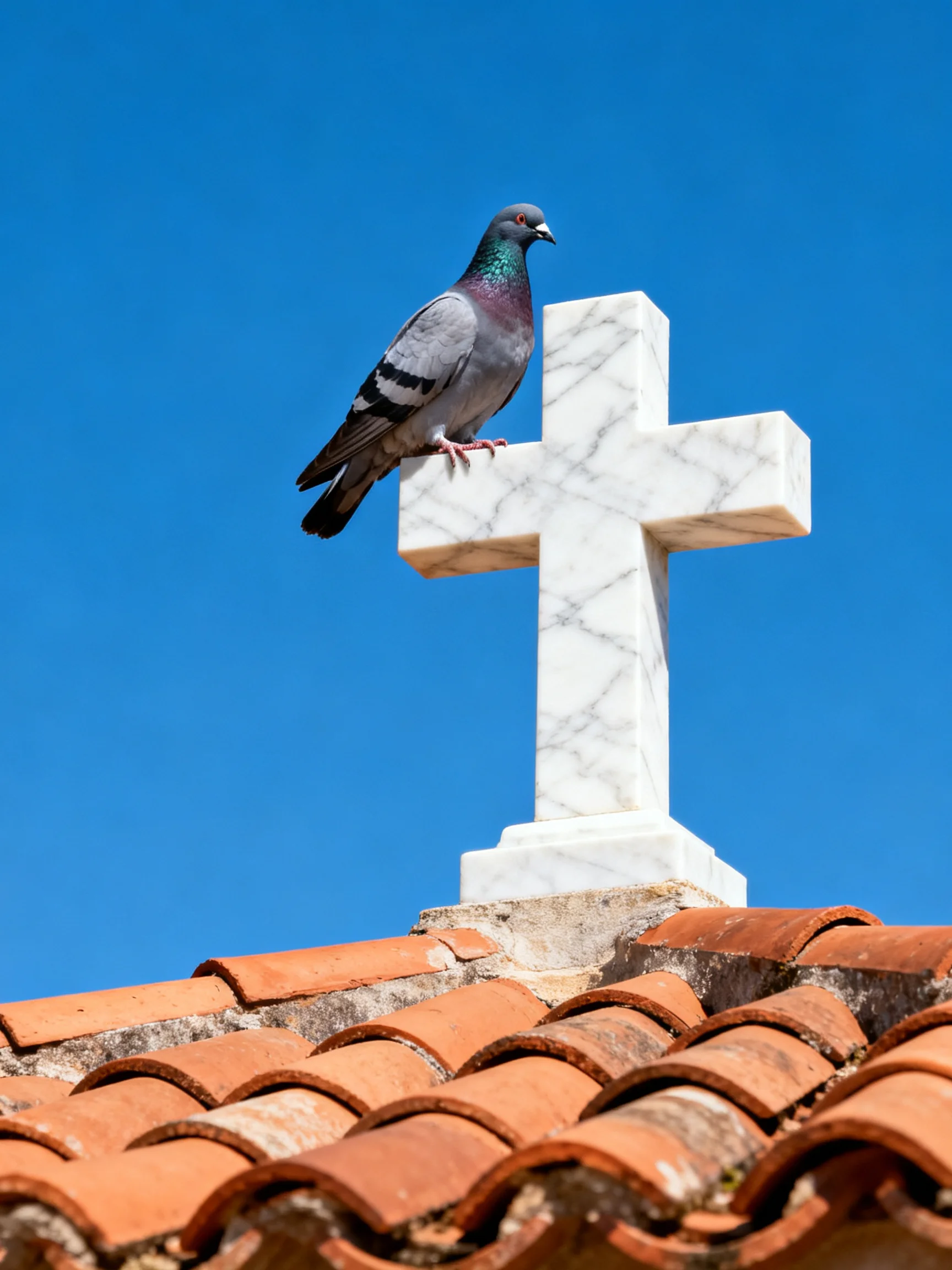 A pigeon rests on a white marble cross atop a terracotta roof under a clear blue sky