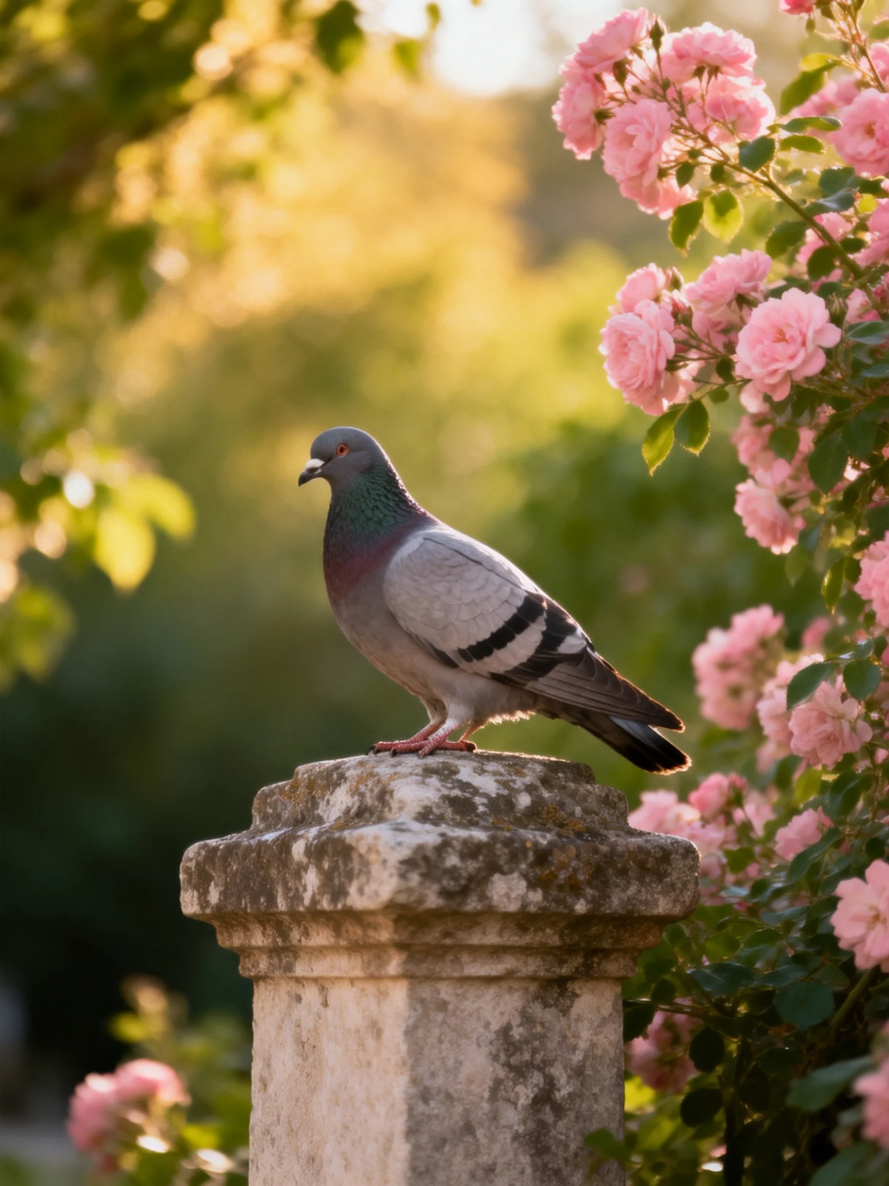 A pigeon rests on an aged stone post near blooming pink roses