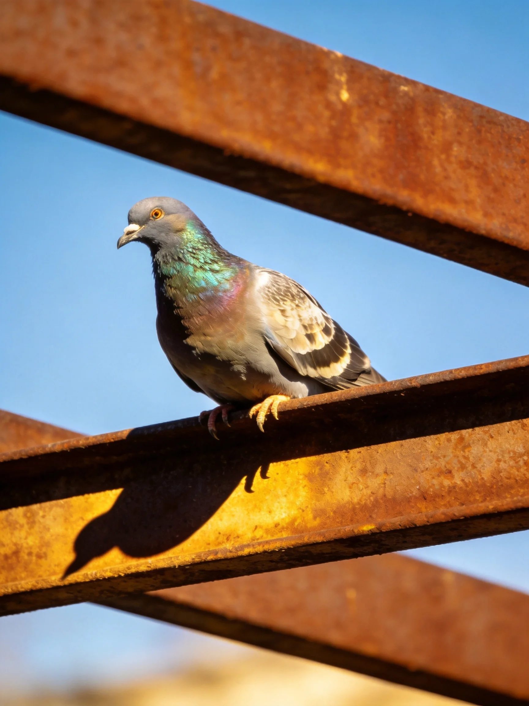 A pigeon rests on rusted metal beams against a clear blue sky