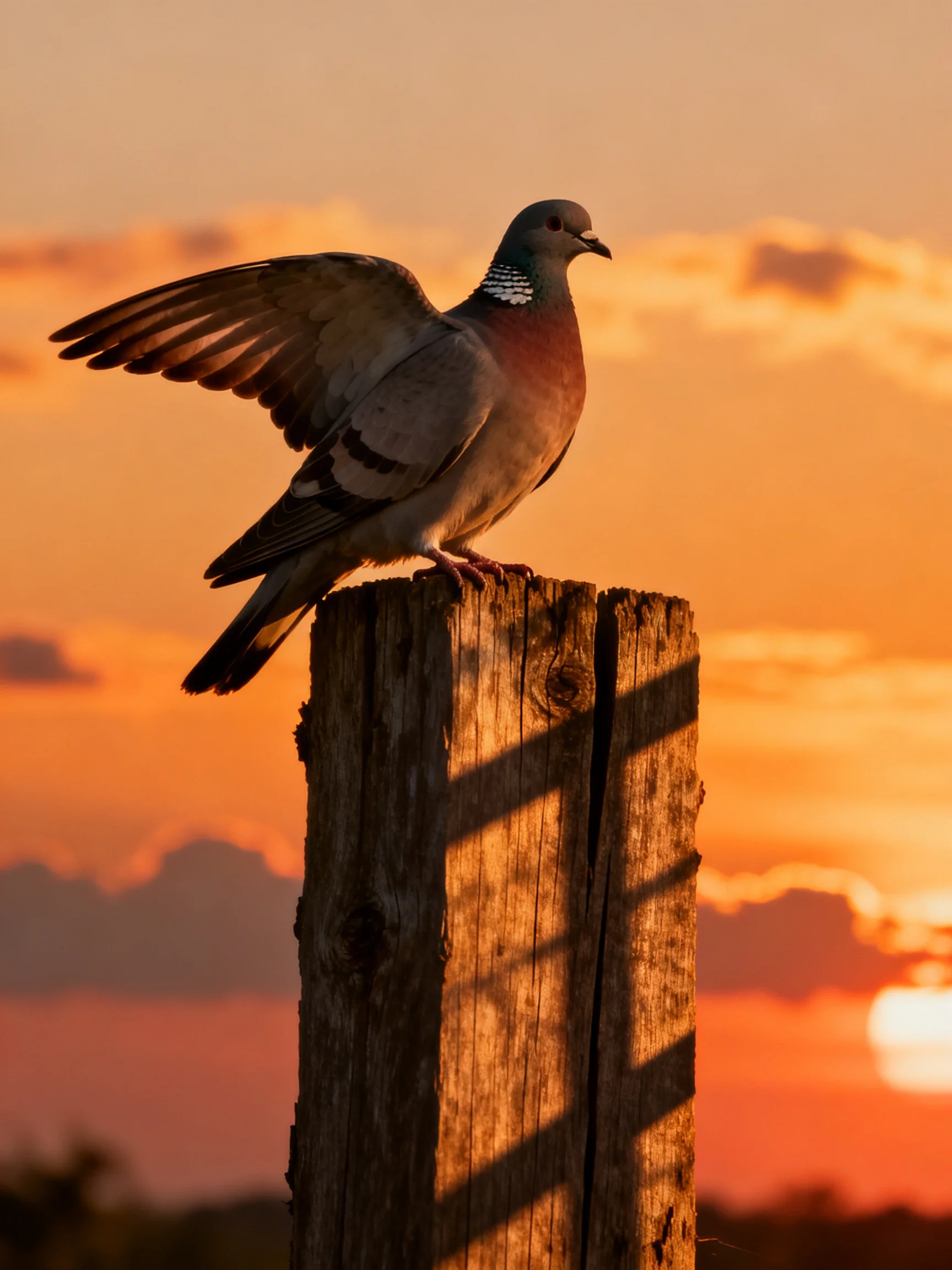A pigeon spreads its wings on a weathered wooden post under a golden sunset