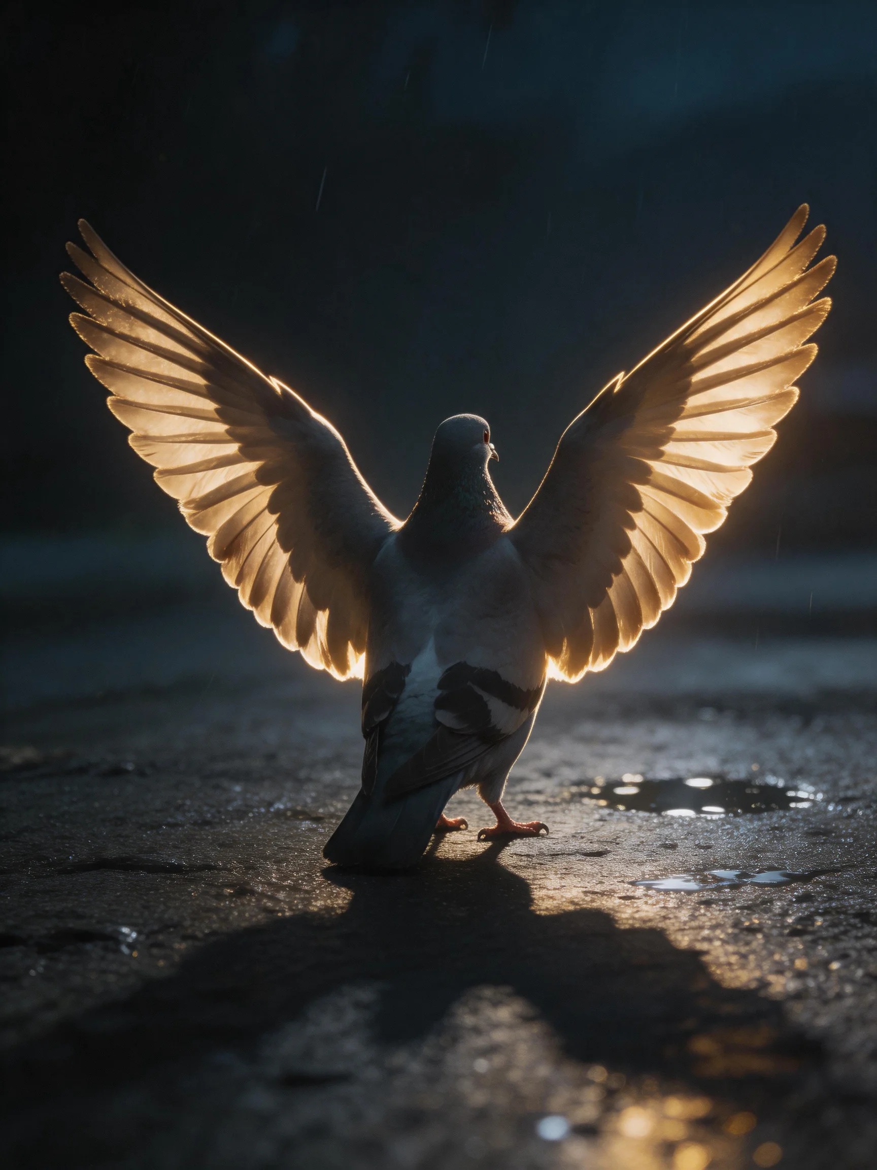 A pigeon spreads wings lit by golden backlighting on a damp surface