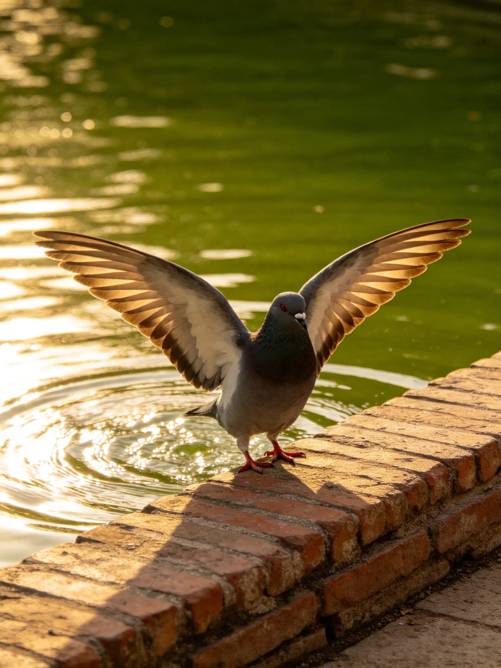 A pigeon spreads wings on a brick ledge by green water