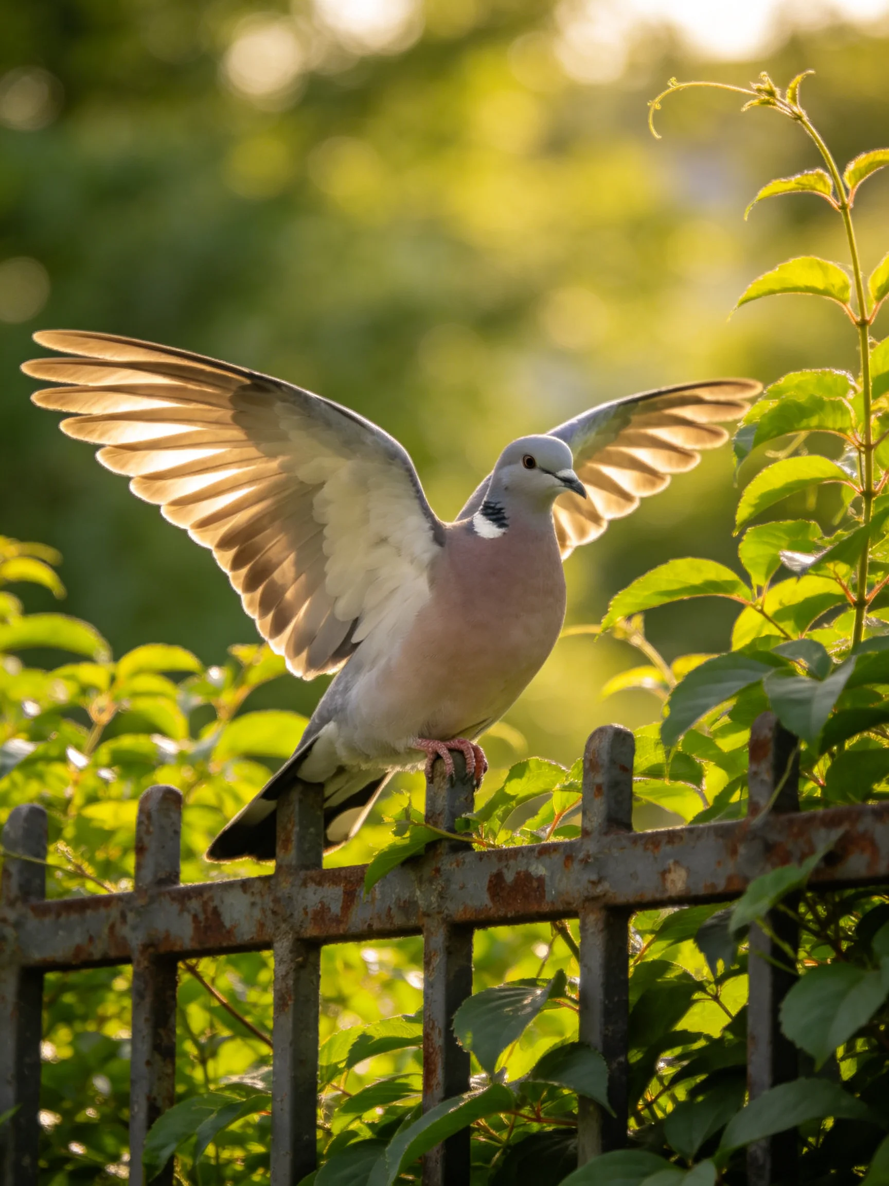 A pigeon spreads wings on a rusted metal fence amid green foliage