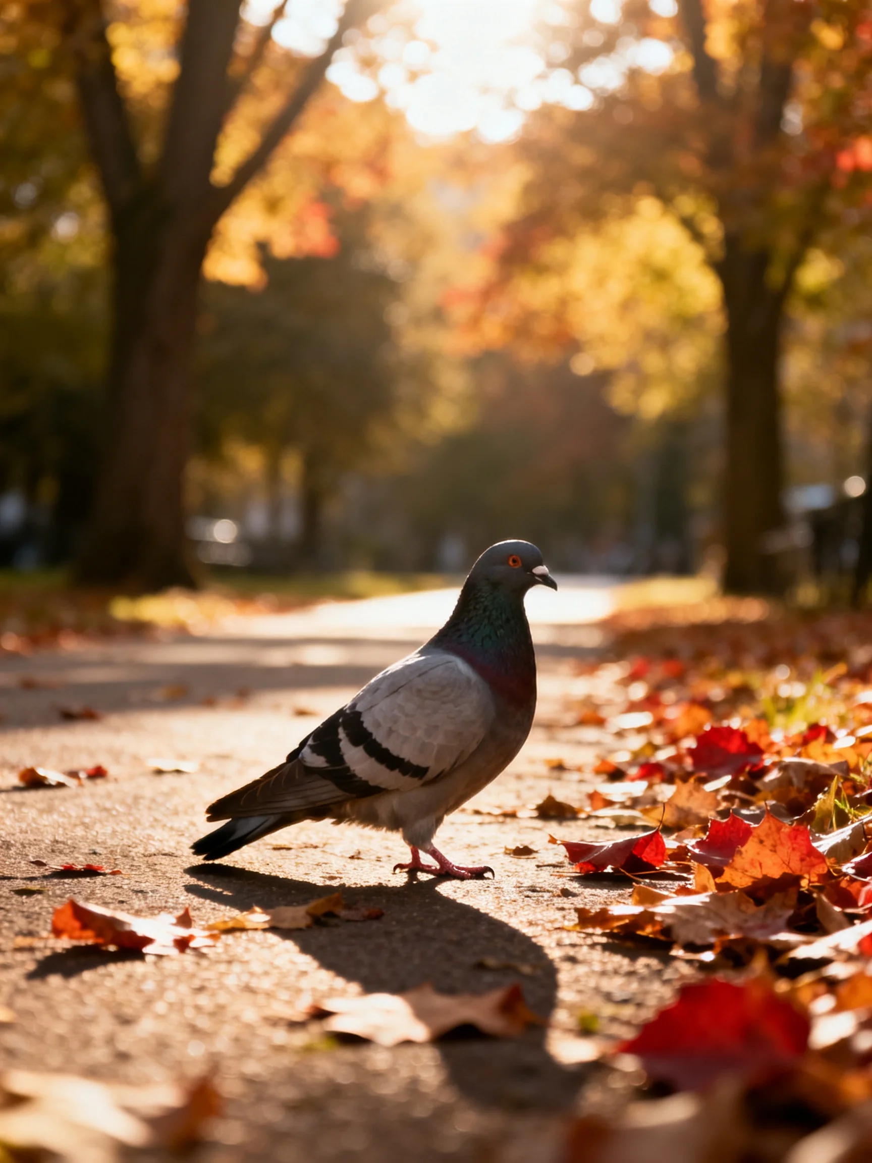 A pigeon walks on a sunlit path scattered with colorful autumn leaves