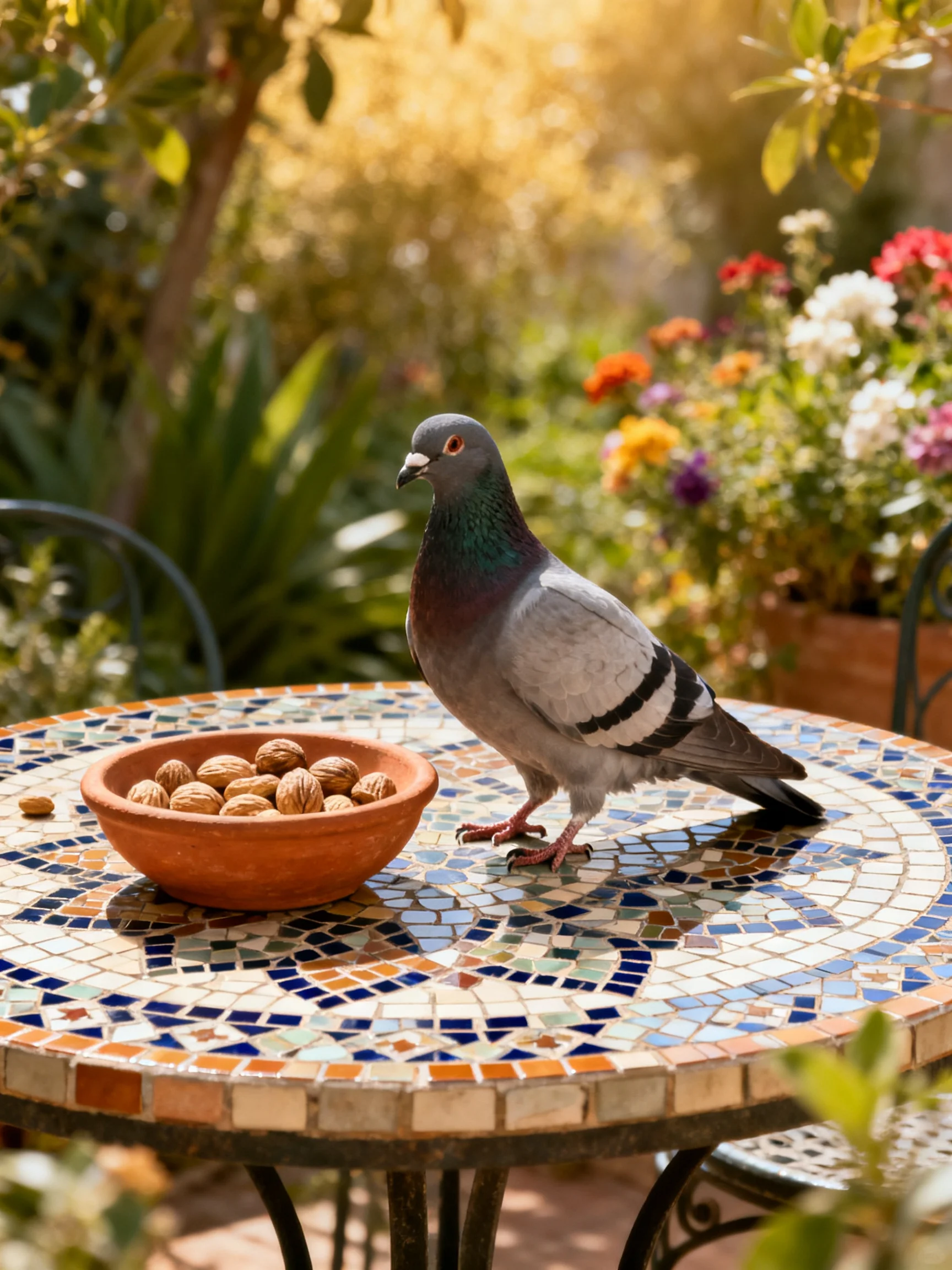 A pigeon stands on a colorful mosaic table beside a bowl of walnuts