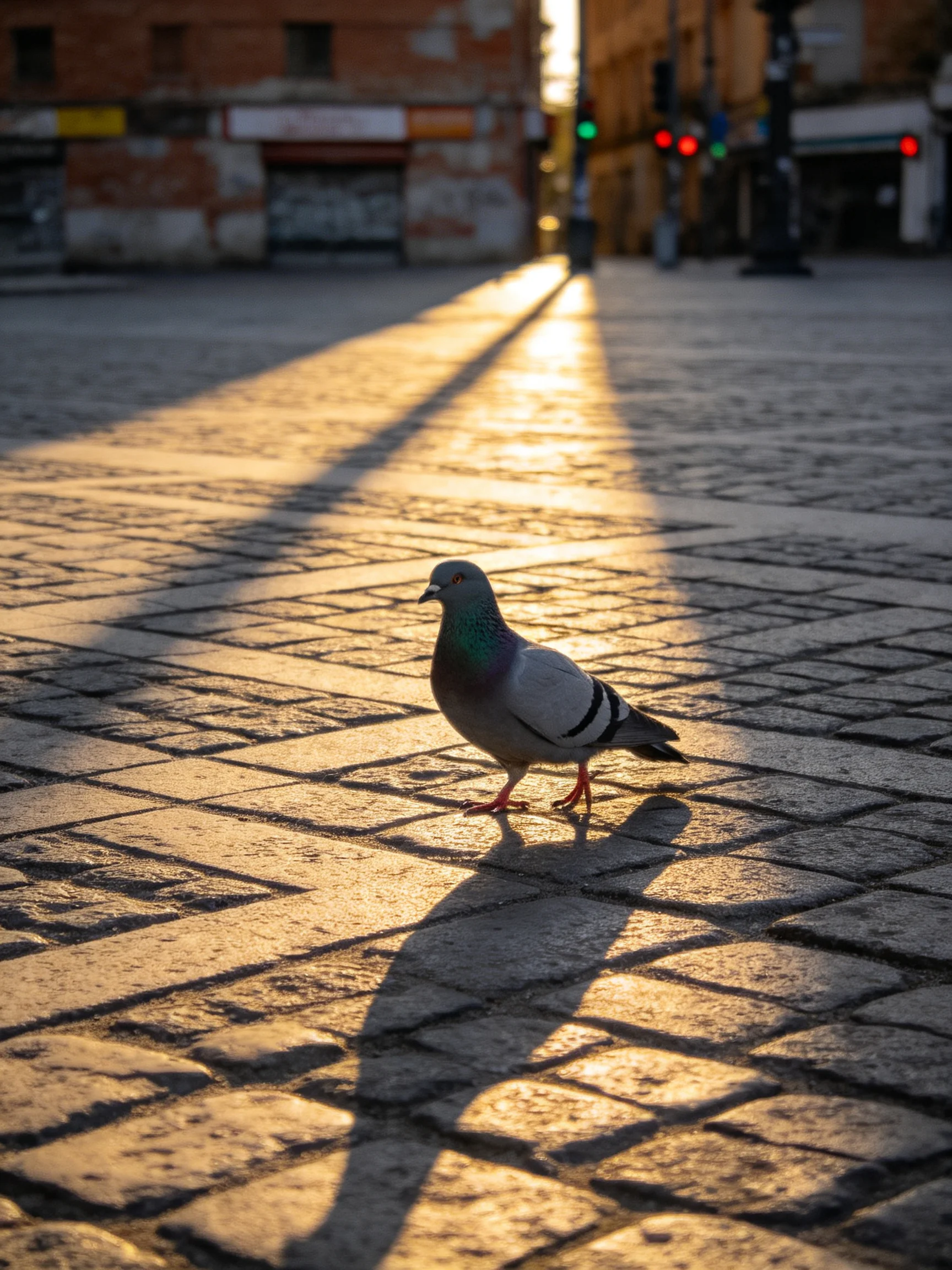 A pigeon stands on a golden-hued cobblestone plaza with extended shadows