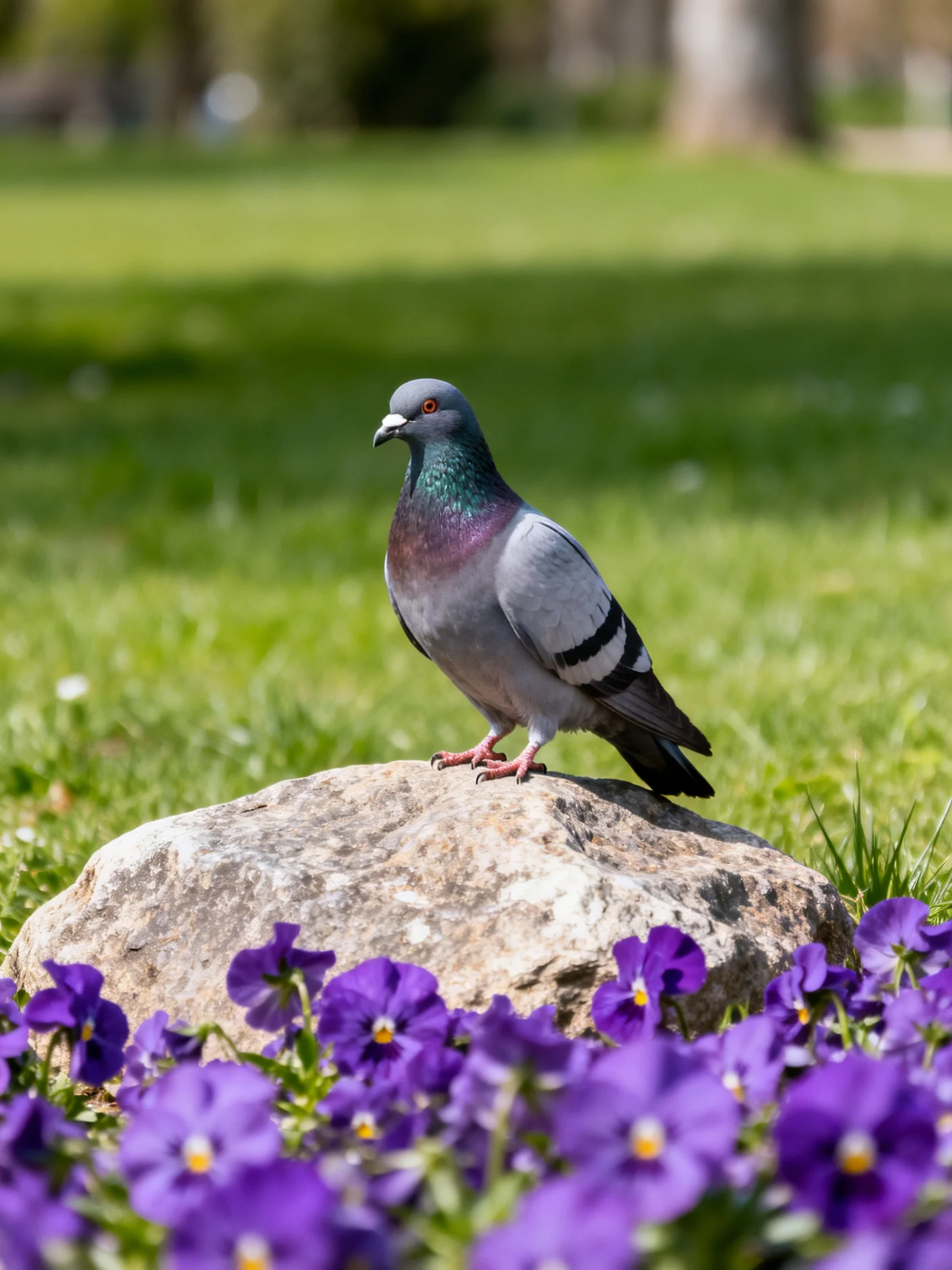 A pigeon stands on a rock beside purple flowers in a grassy setting