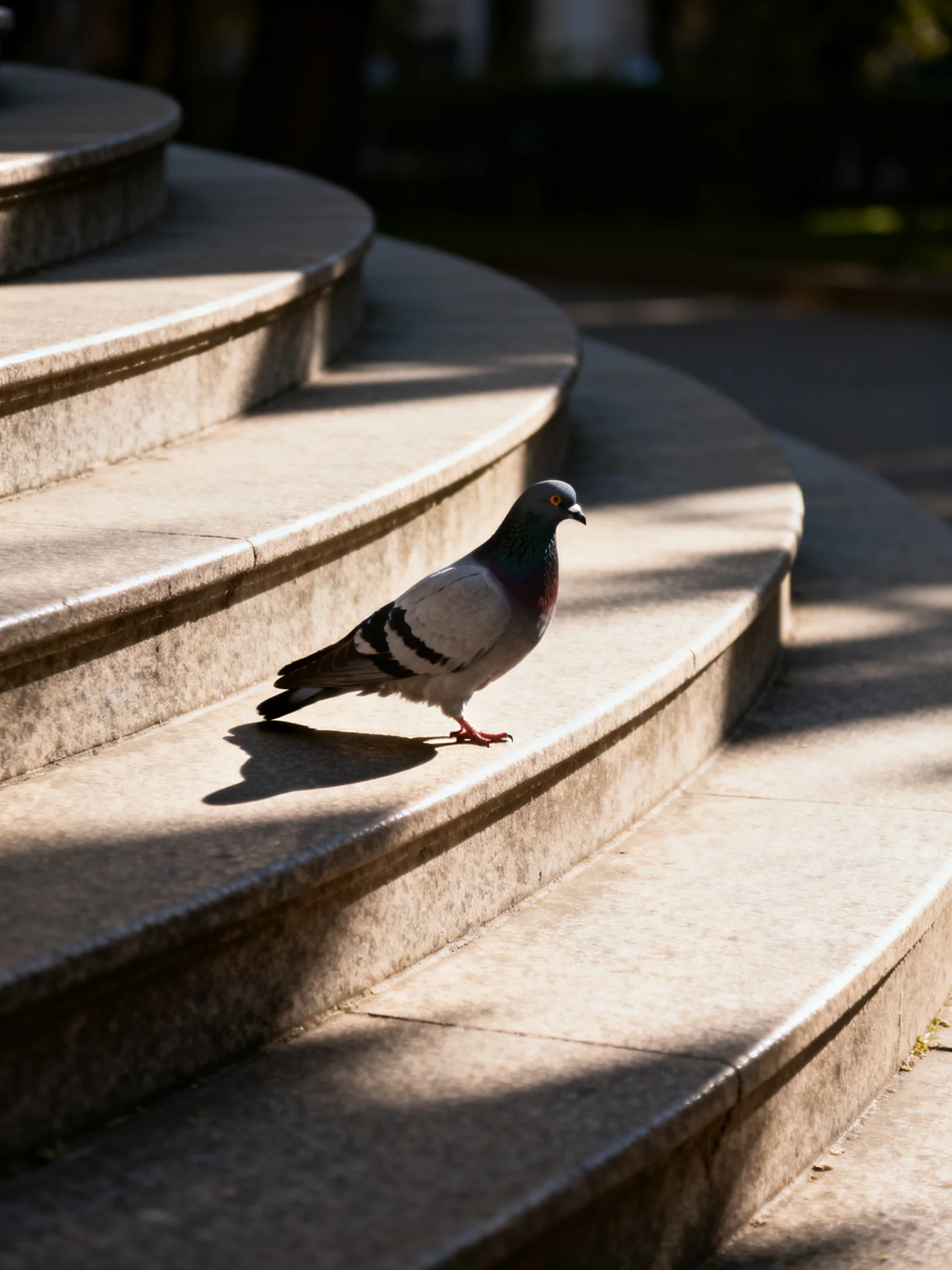 A pigeon stands on curved gray stone steps in sunlight
