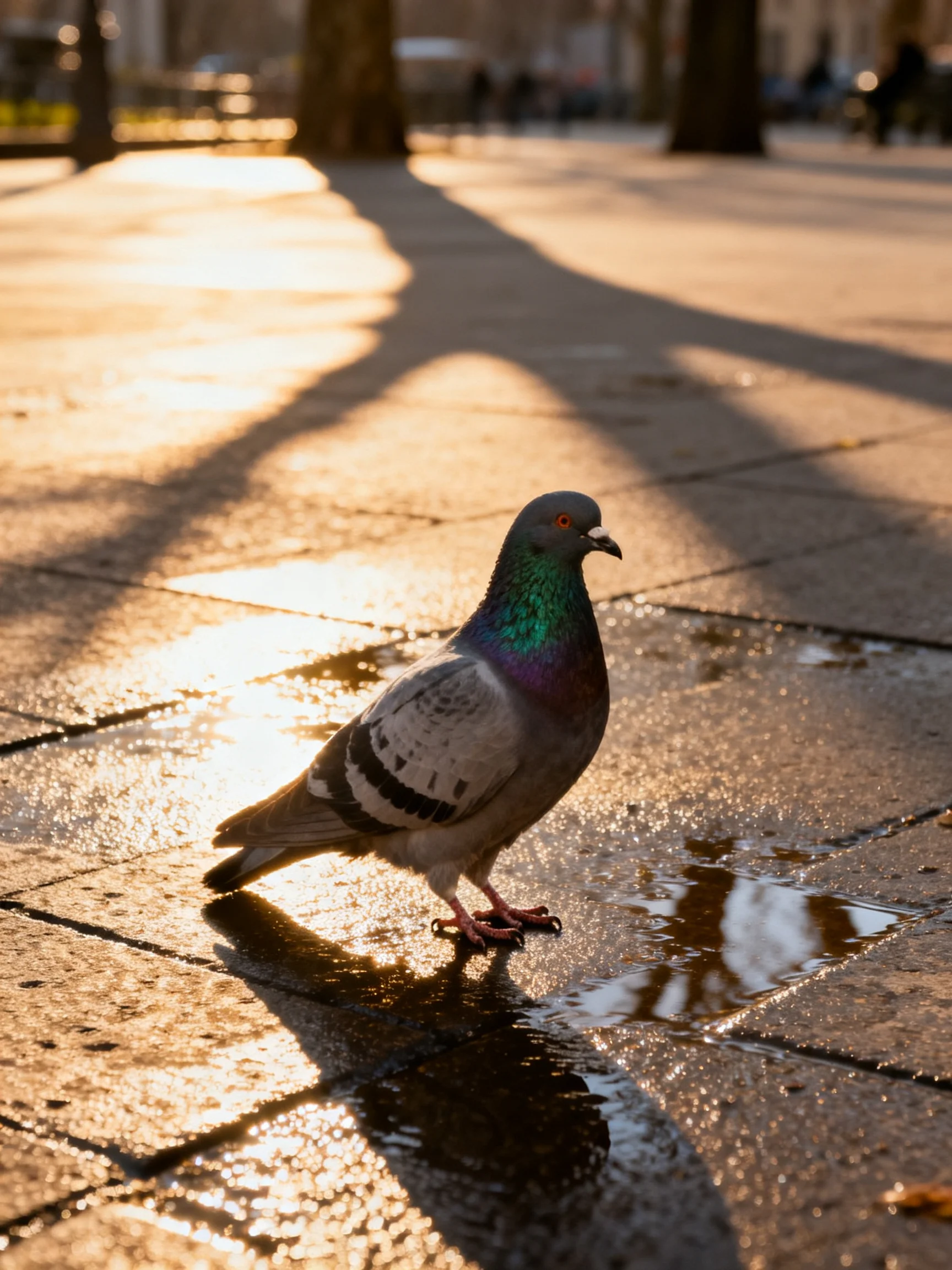 A pigeon stands on glistening pavement under golden sunlight