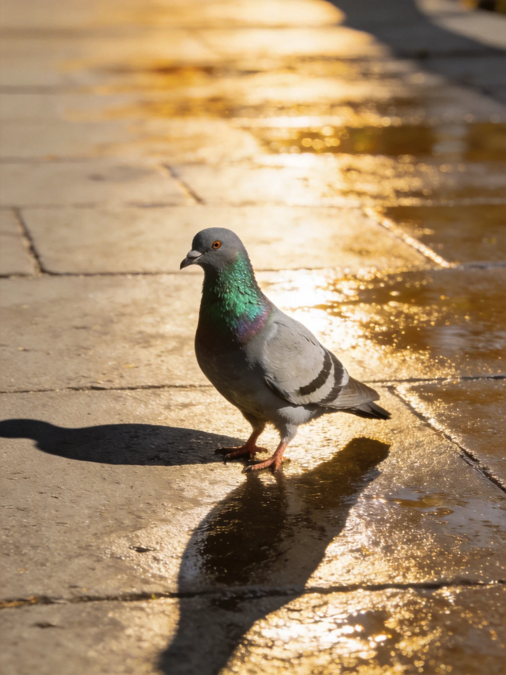 A pigeon stands on glistening wet pavement under golden sunlight