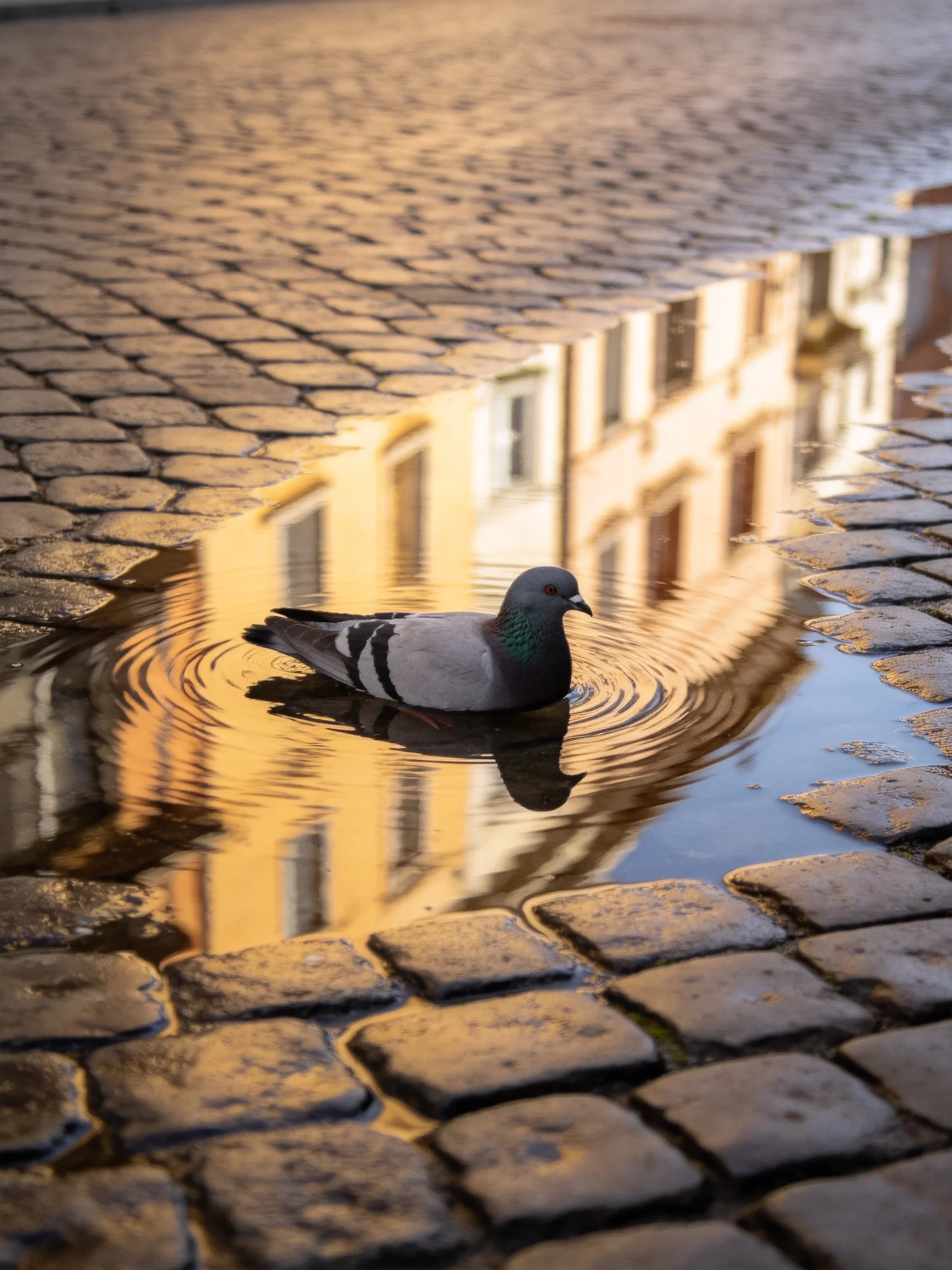 A pigeon swims in a puddle on cobblestone streets with building reflections.