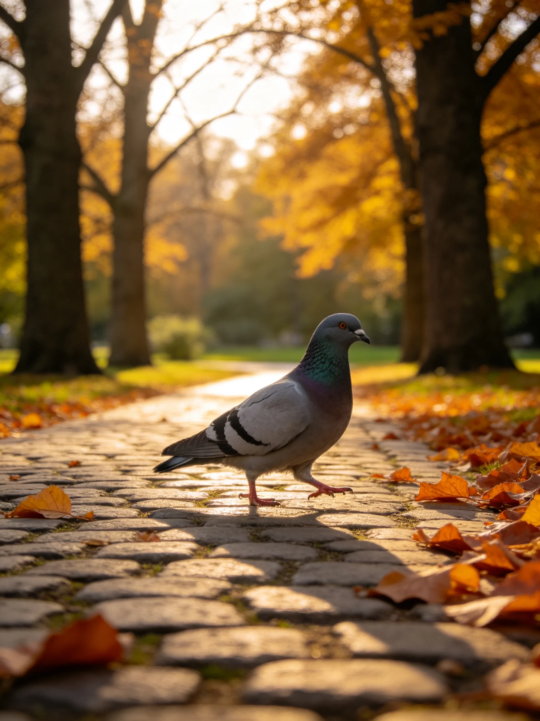 A pigeon traverses a cobblestone path amidst golden autumn foliage