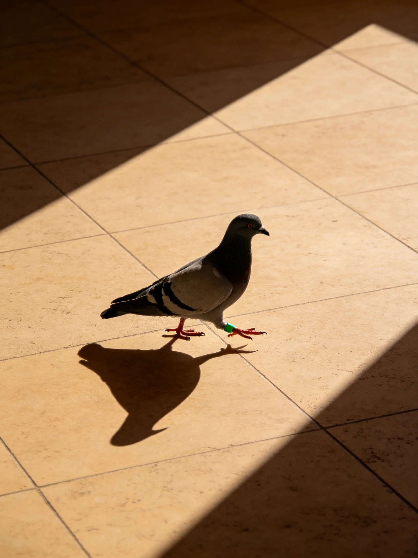 A pigeon with a green band on a tiled floor with dramatic shadows
