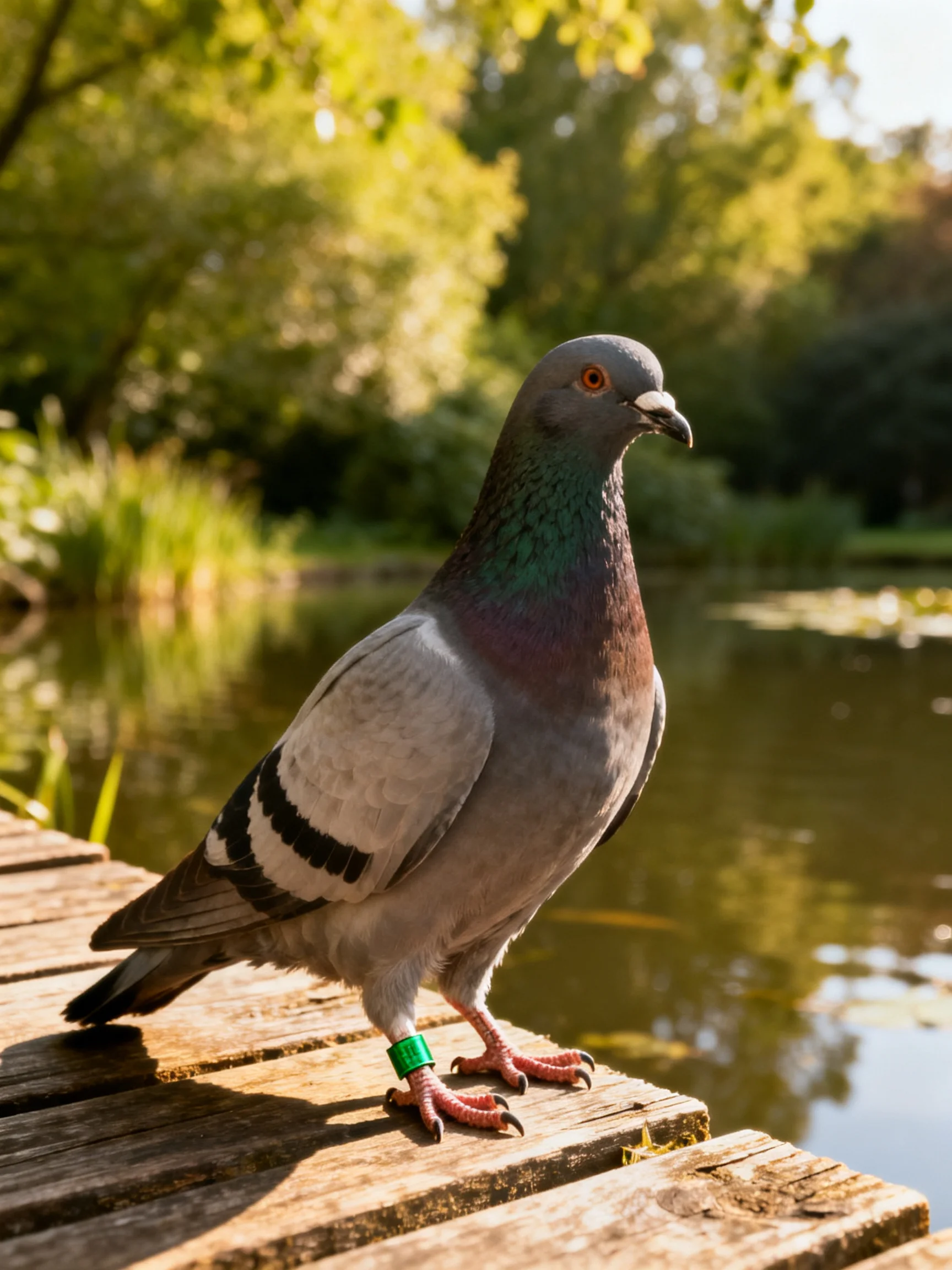 A pigeon with a green band stands on a weathered wooden dock by calm water