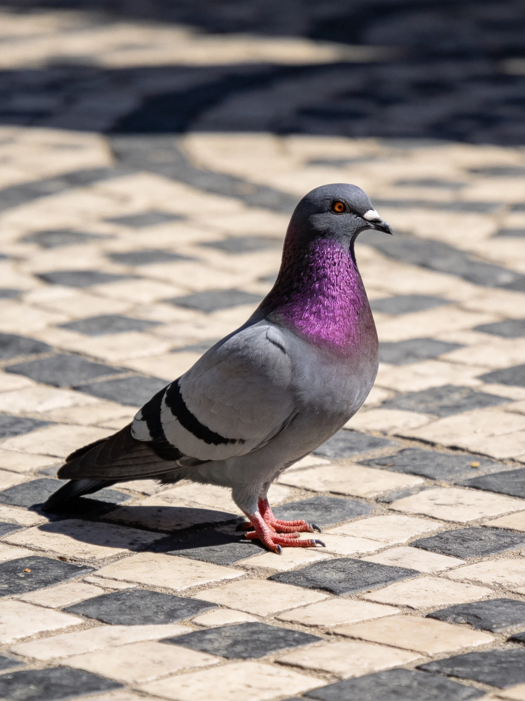 A pigeon with a purple neck standing on patterned cobblestones