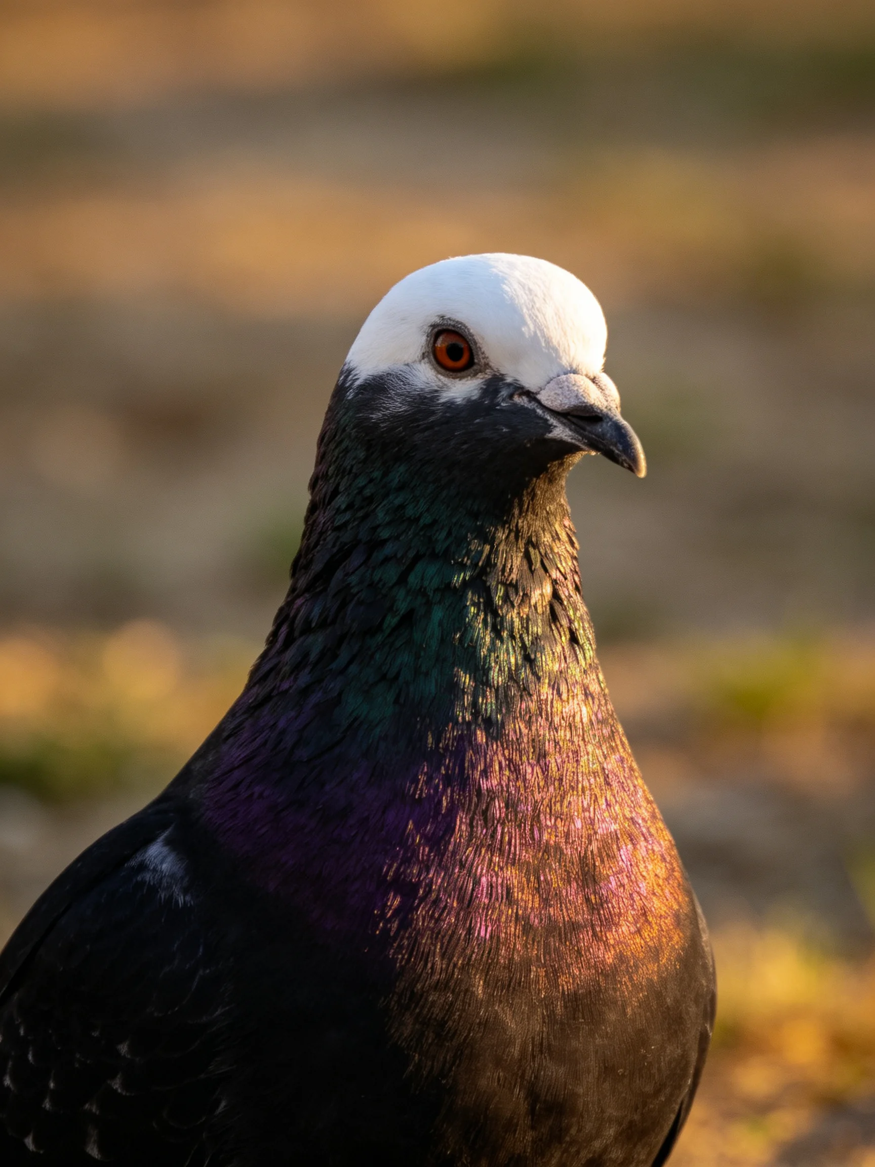 A pigeon with a white head and iridescent green-purple plumage
