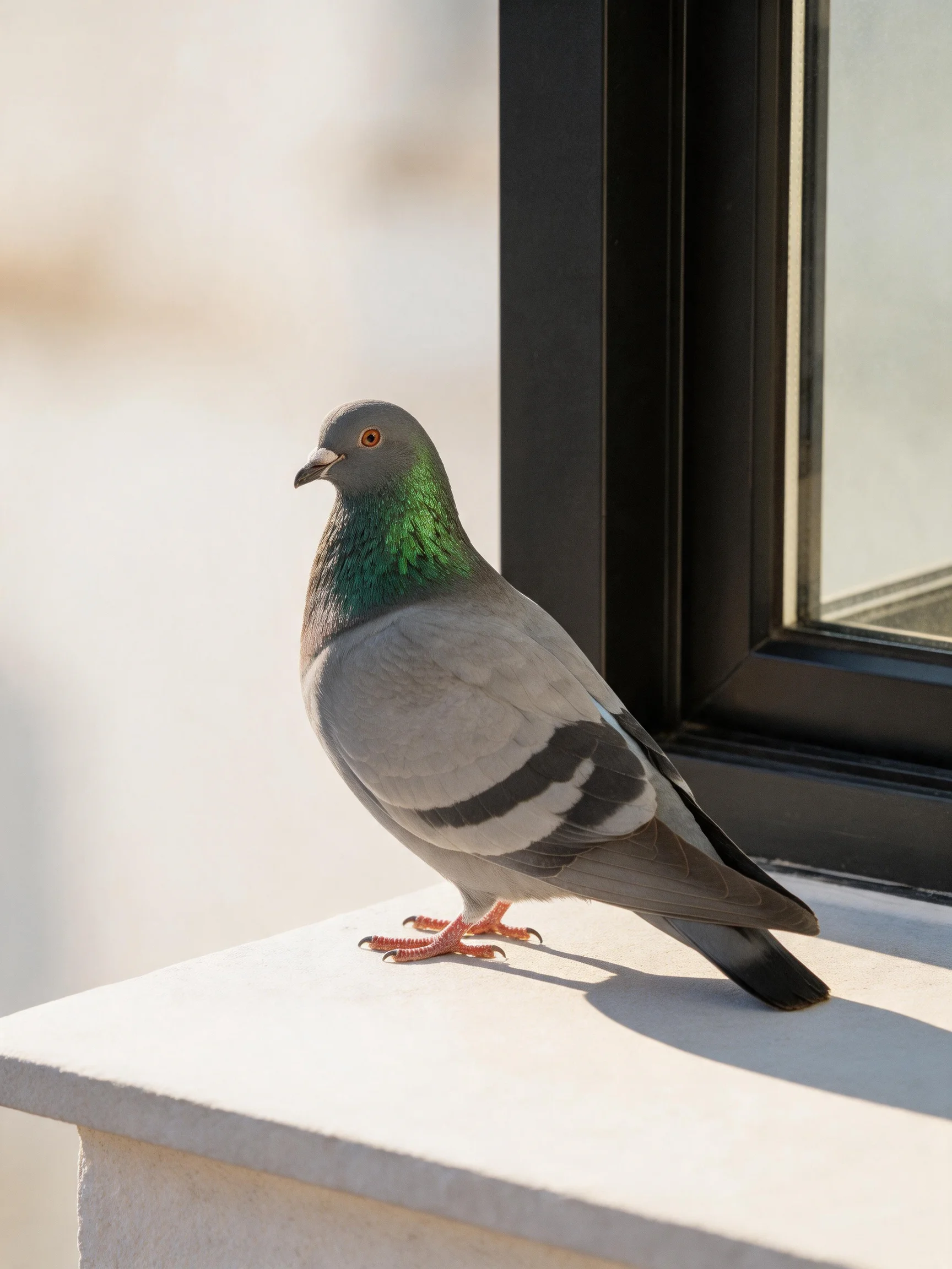 A pigeon with an iridescent green neck perches on a white ledge by a black-framed window
