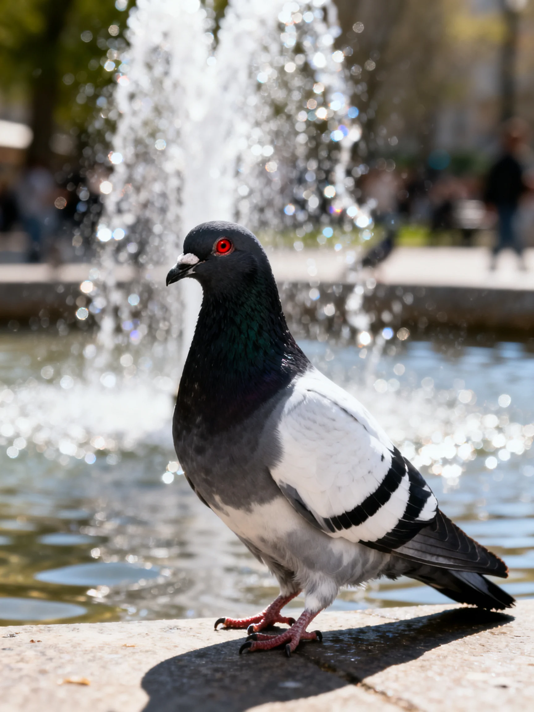 A pigeon with black, green, and white plumage near a glistening fountain