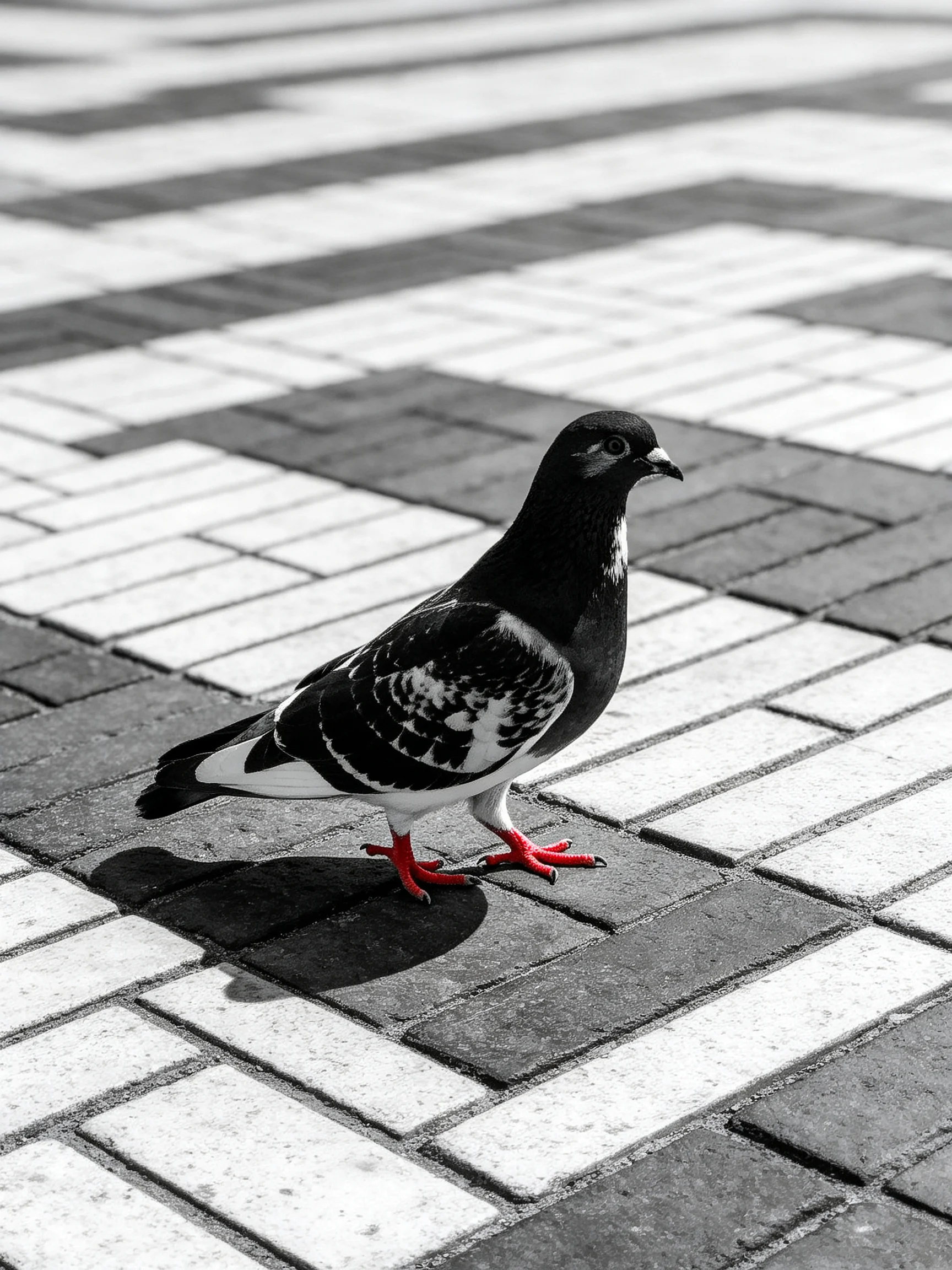 A pigeon with bright red feet stands on patterned brick pavement