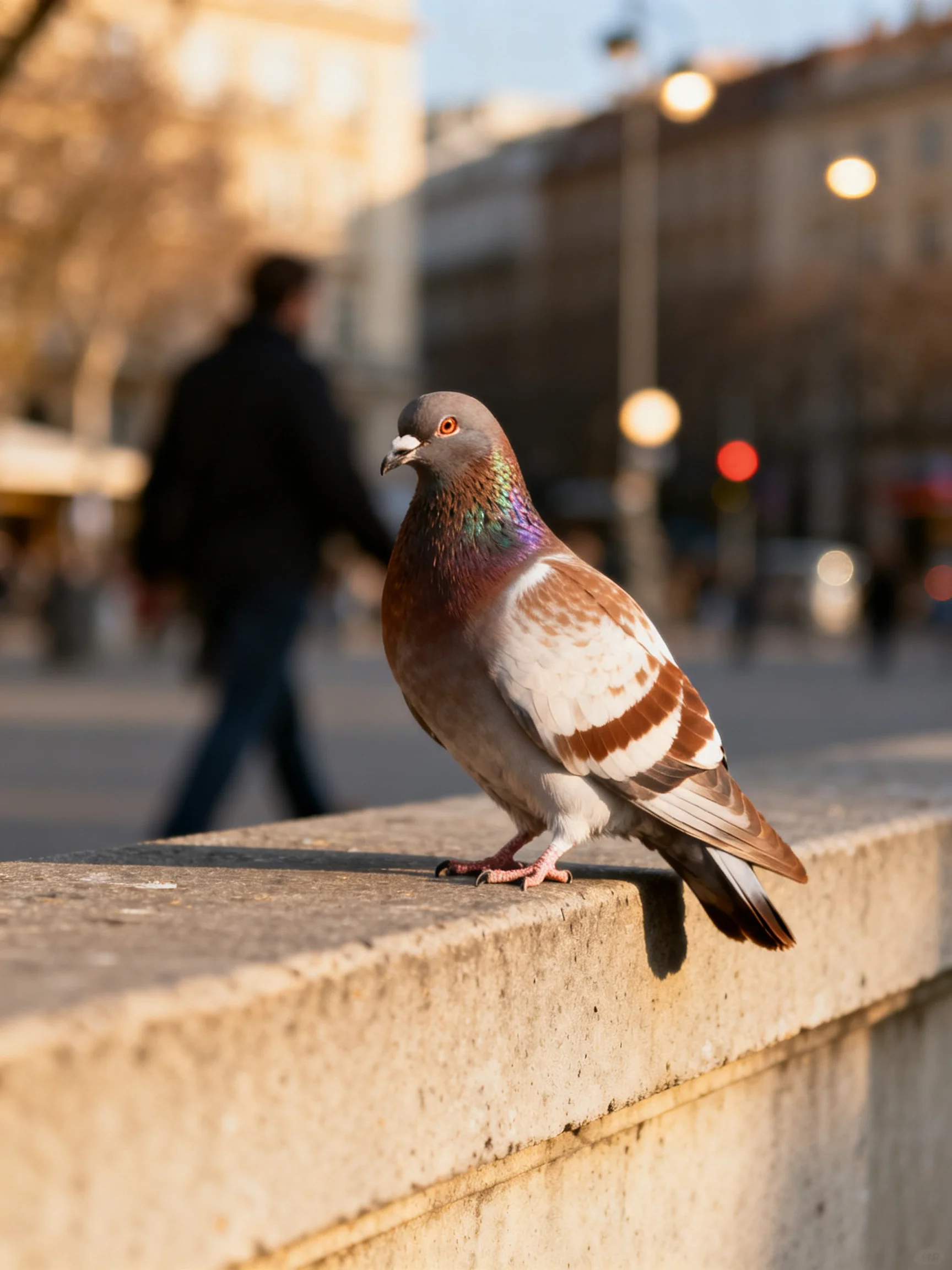 A pigeon with varied plumage rests on a concrete ledge in an urban setting.