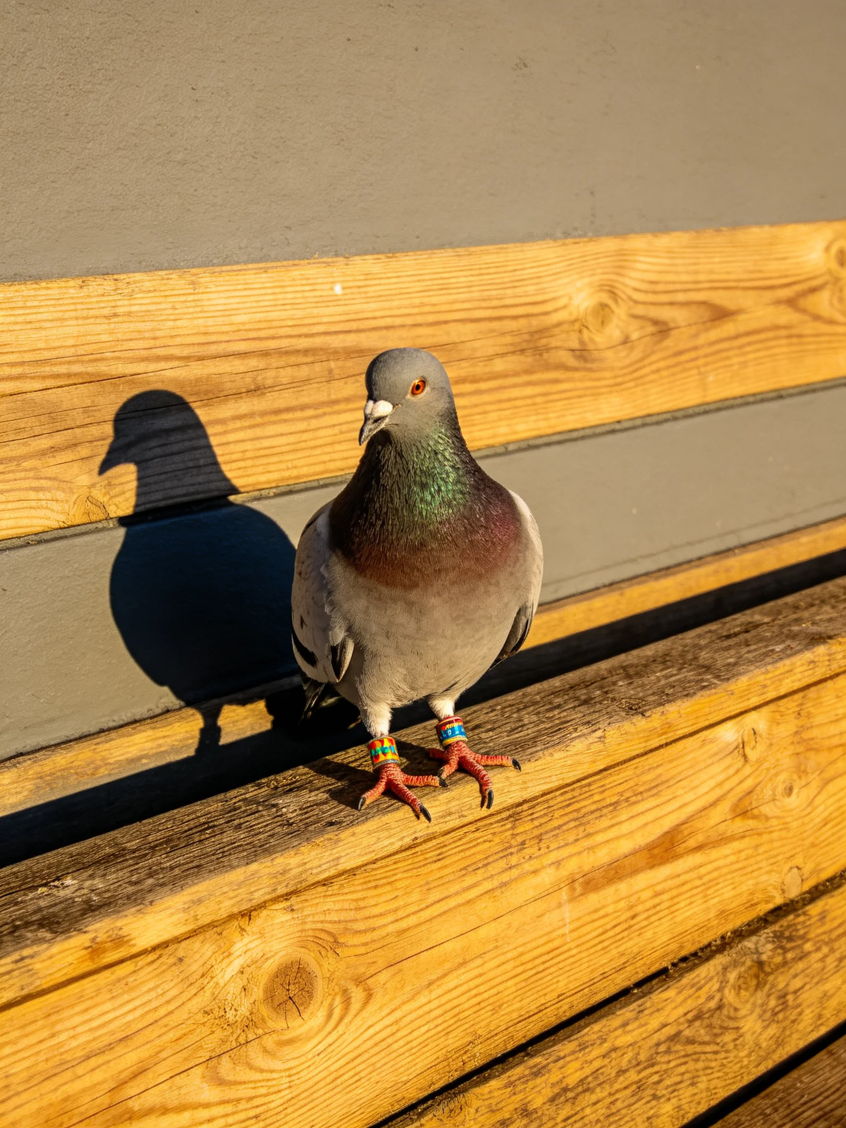 A pigeon with colorful leg bands perched on a wooden bench