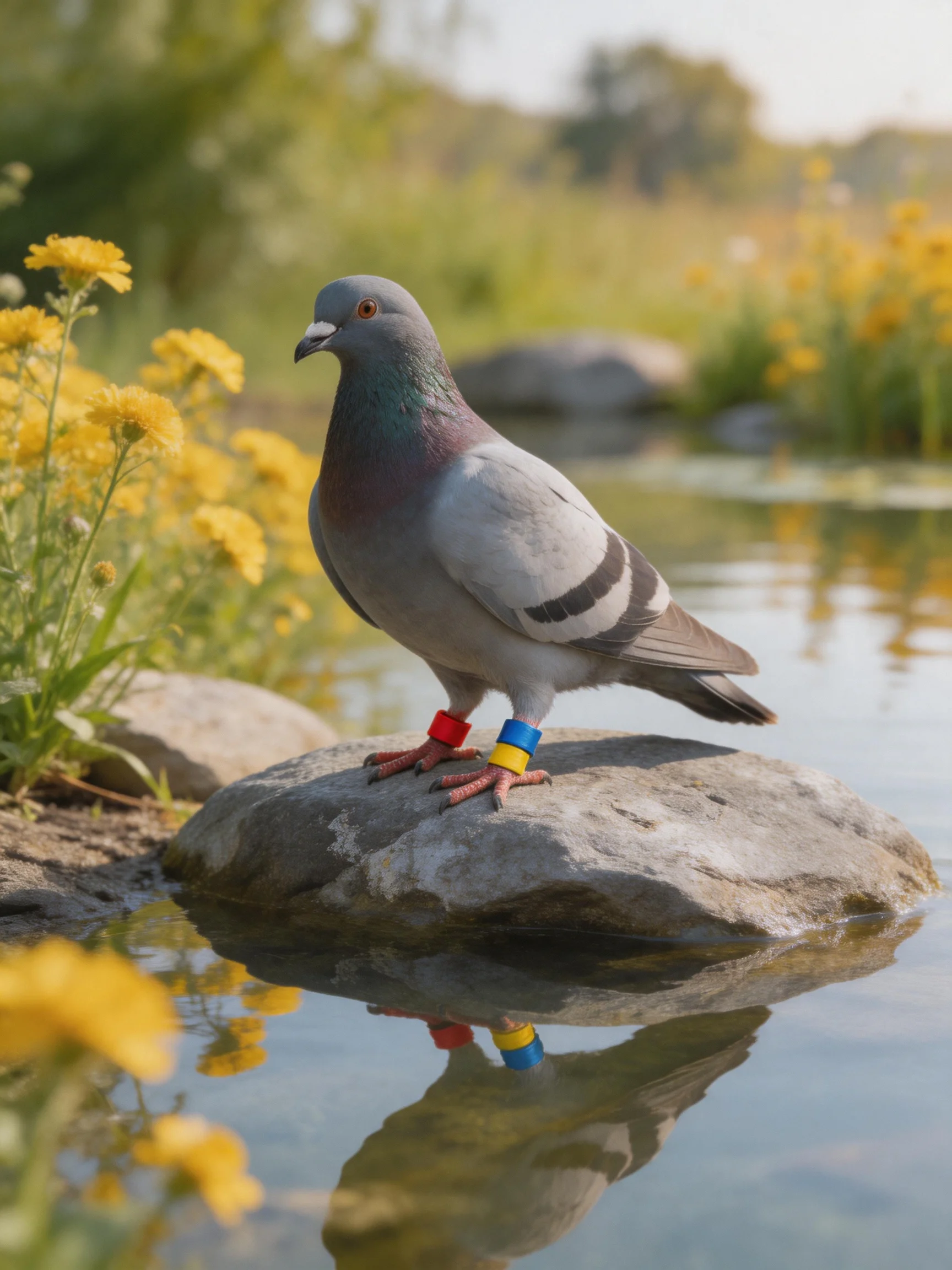 A pigeon with colorful leg bands perches on a rock amid yellow flowers