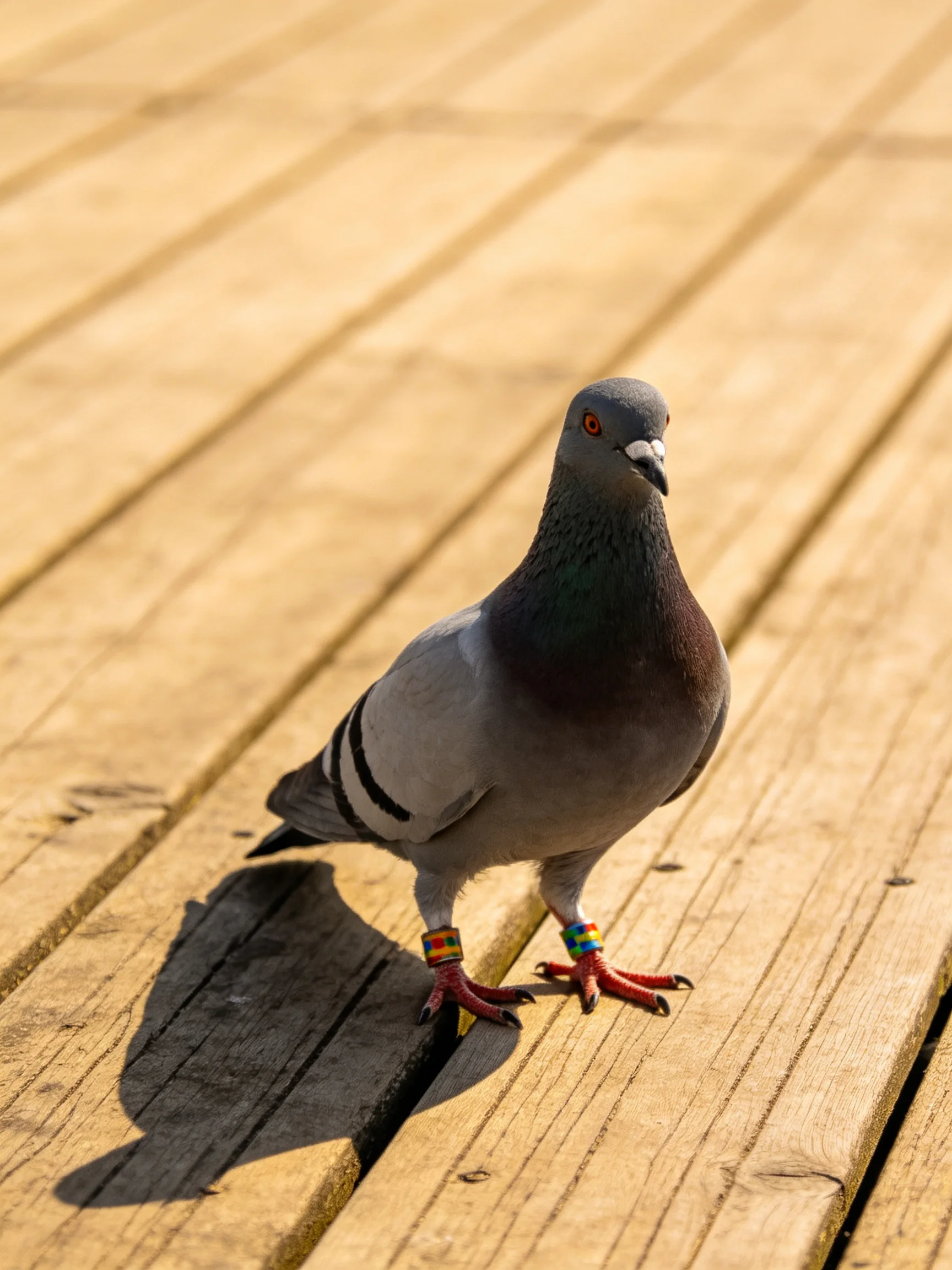 A pigeon with colorful leg bands stands on weathered wooden planks