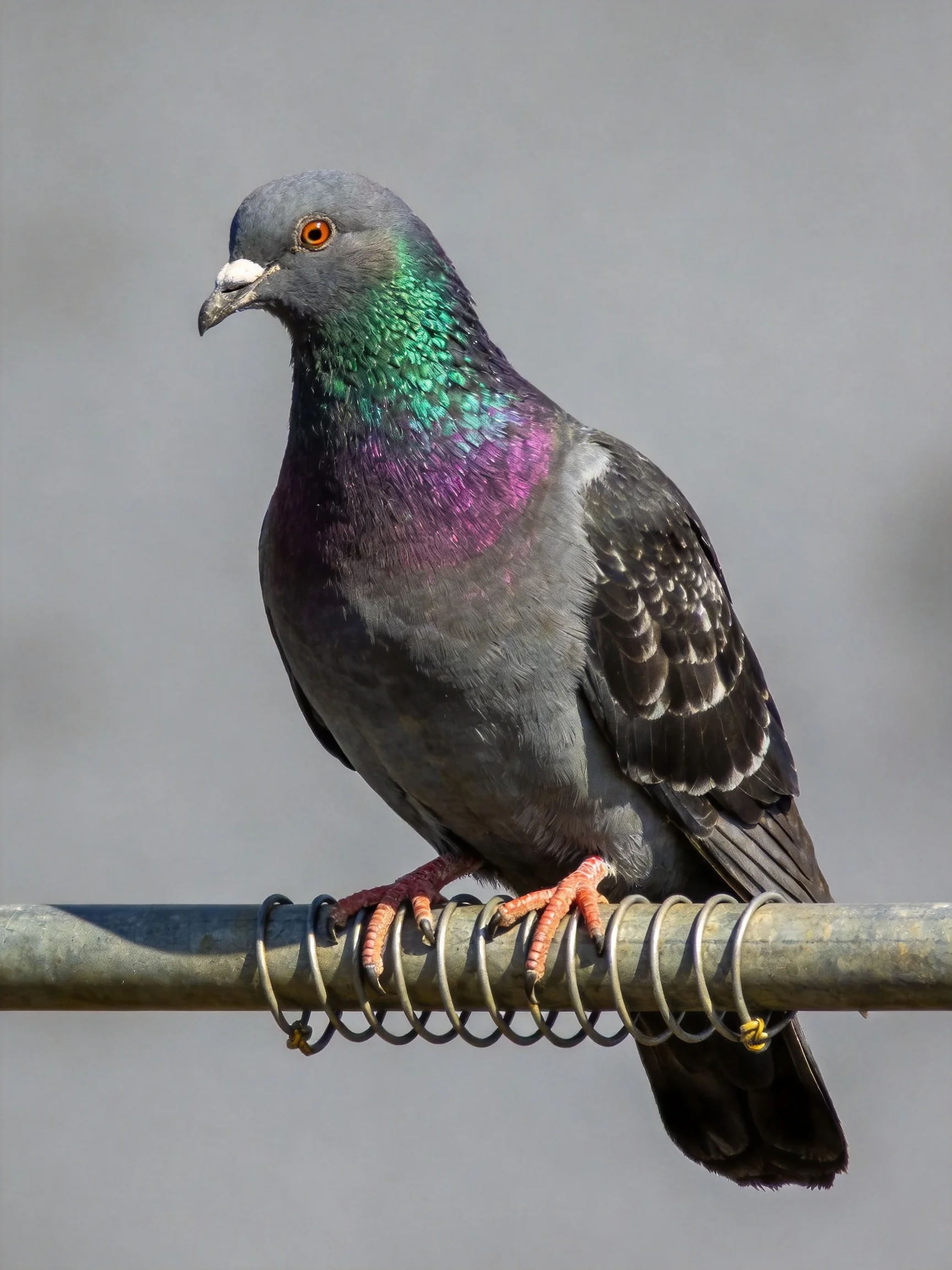 A pigeon with colorful neck plumage perches on a metal bar