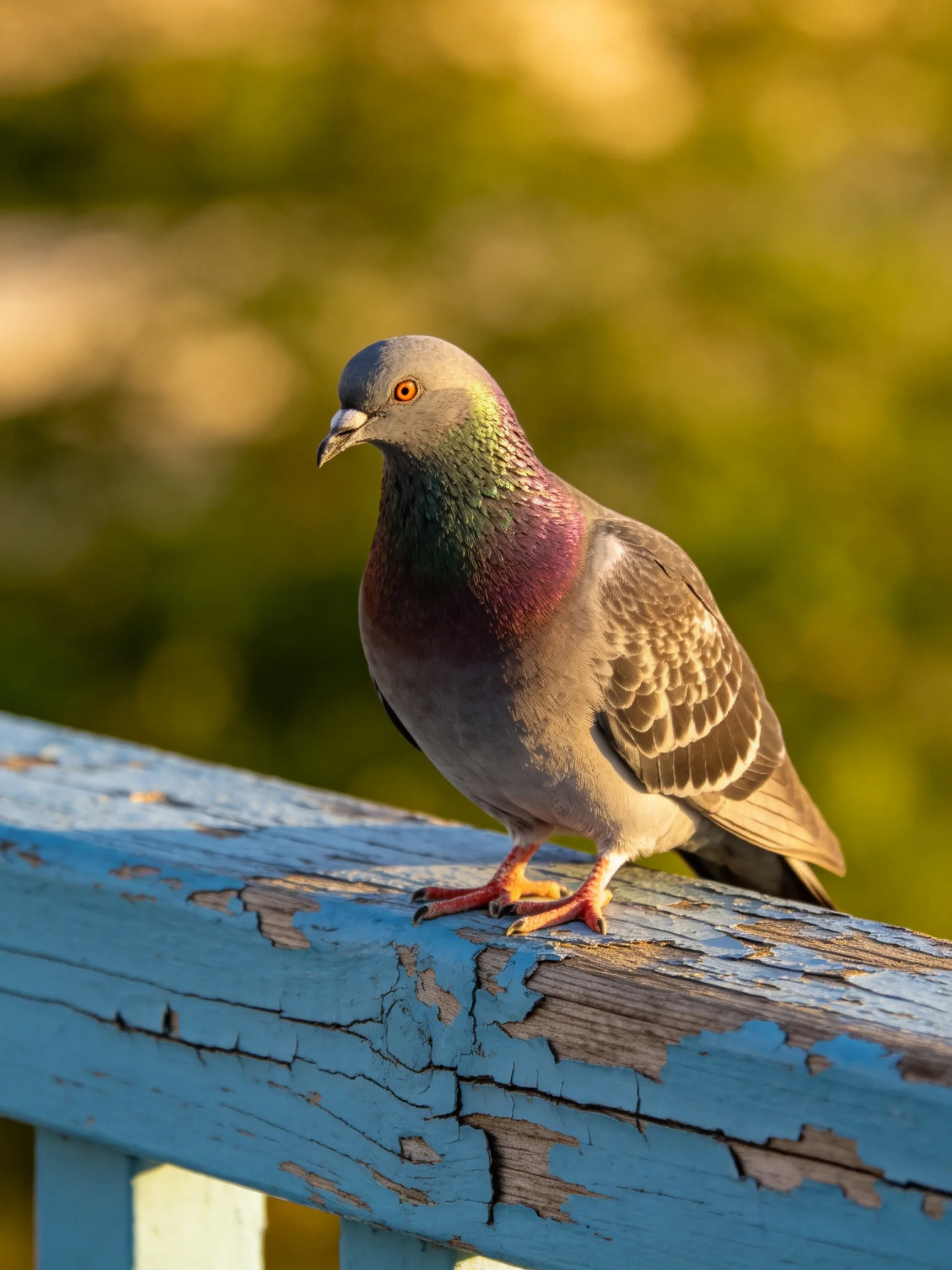 A pigeon with colorful plumage perches on a chipped blue wooden railing