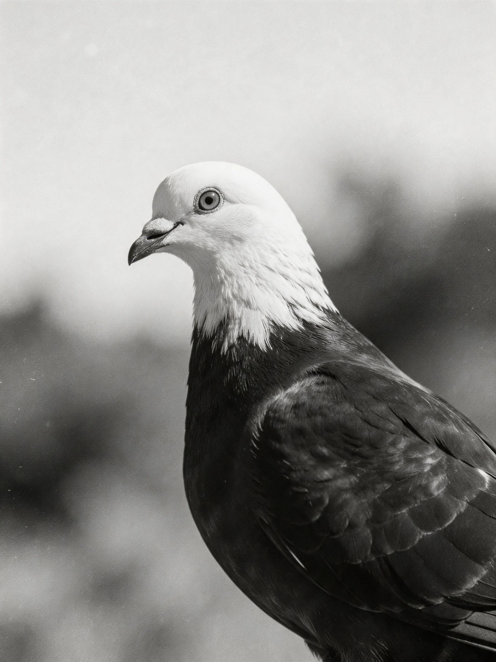 A pigeon with contrasting white and dark plumage