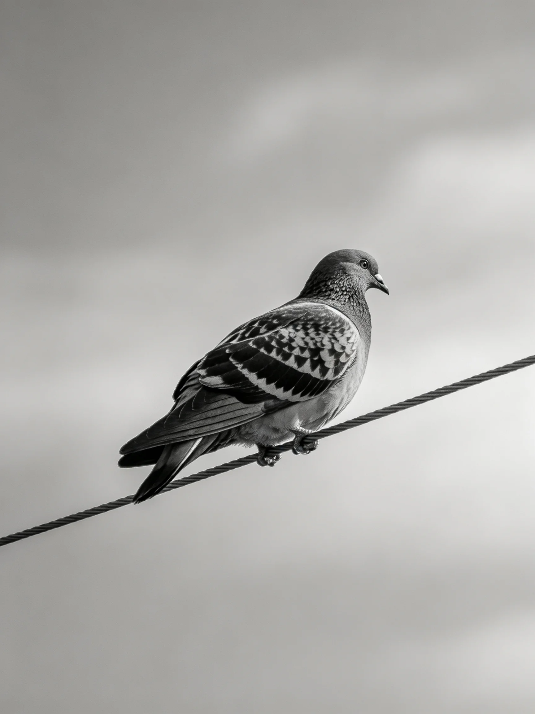 A pigeon with detailed plumage perched on a thin wire