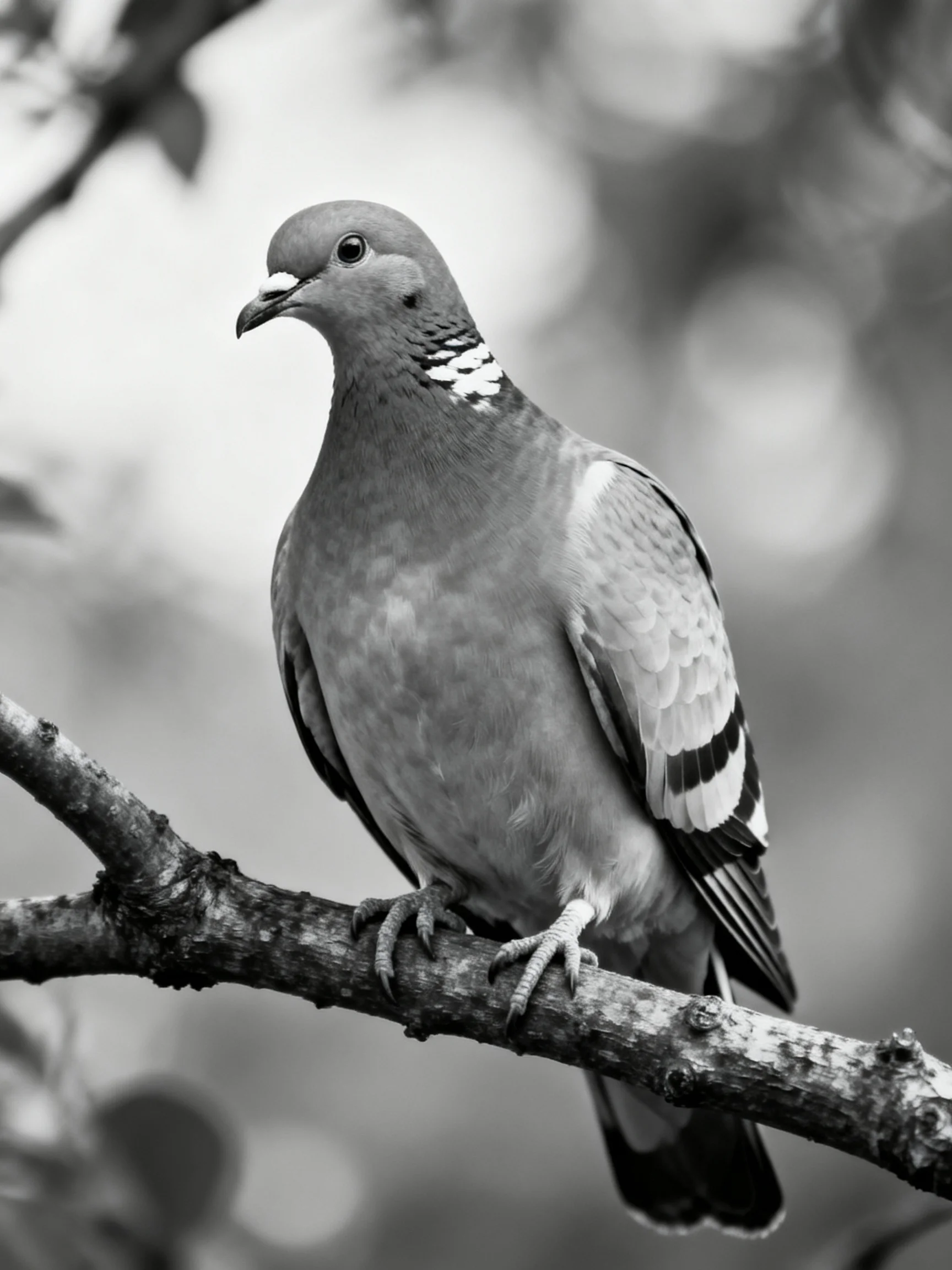 A pigeon with distinctive markings perched on a gnarled tree branch