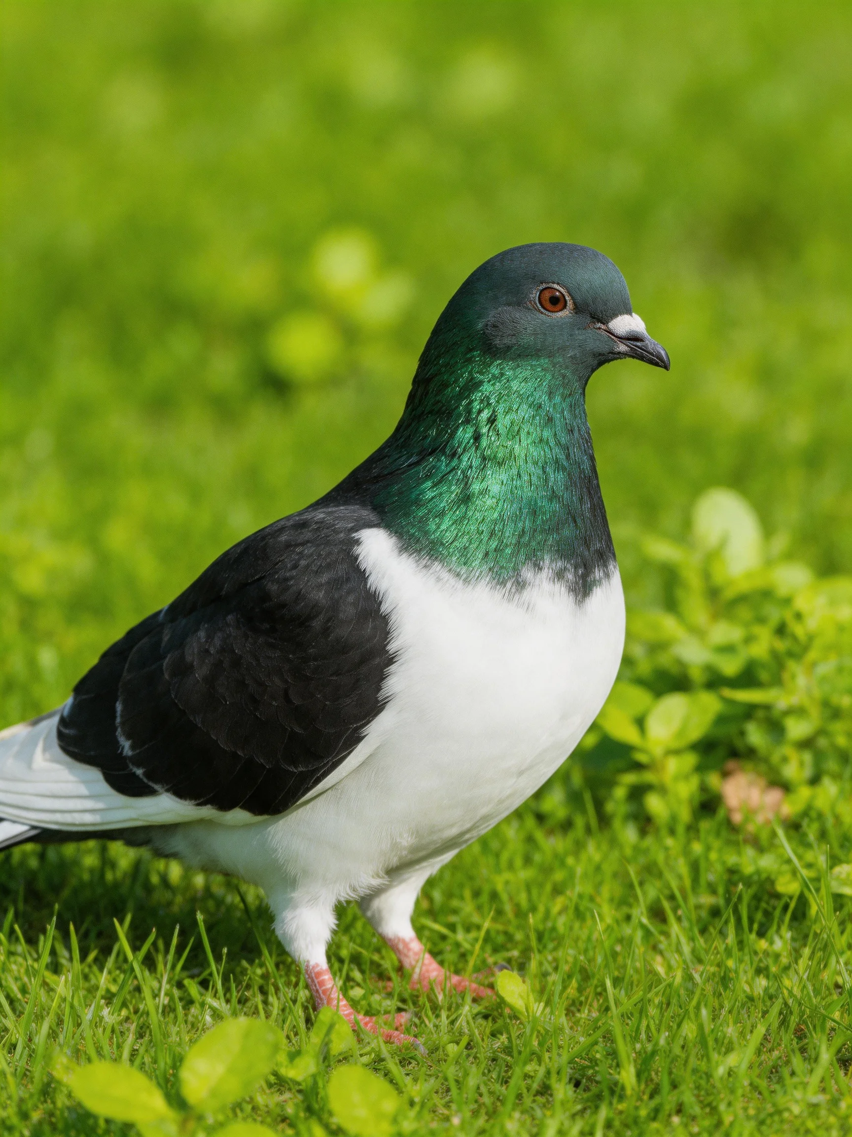 A pigeon with emerald neck, black wings, and white chest stands on lush green grass