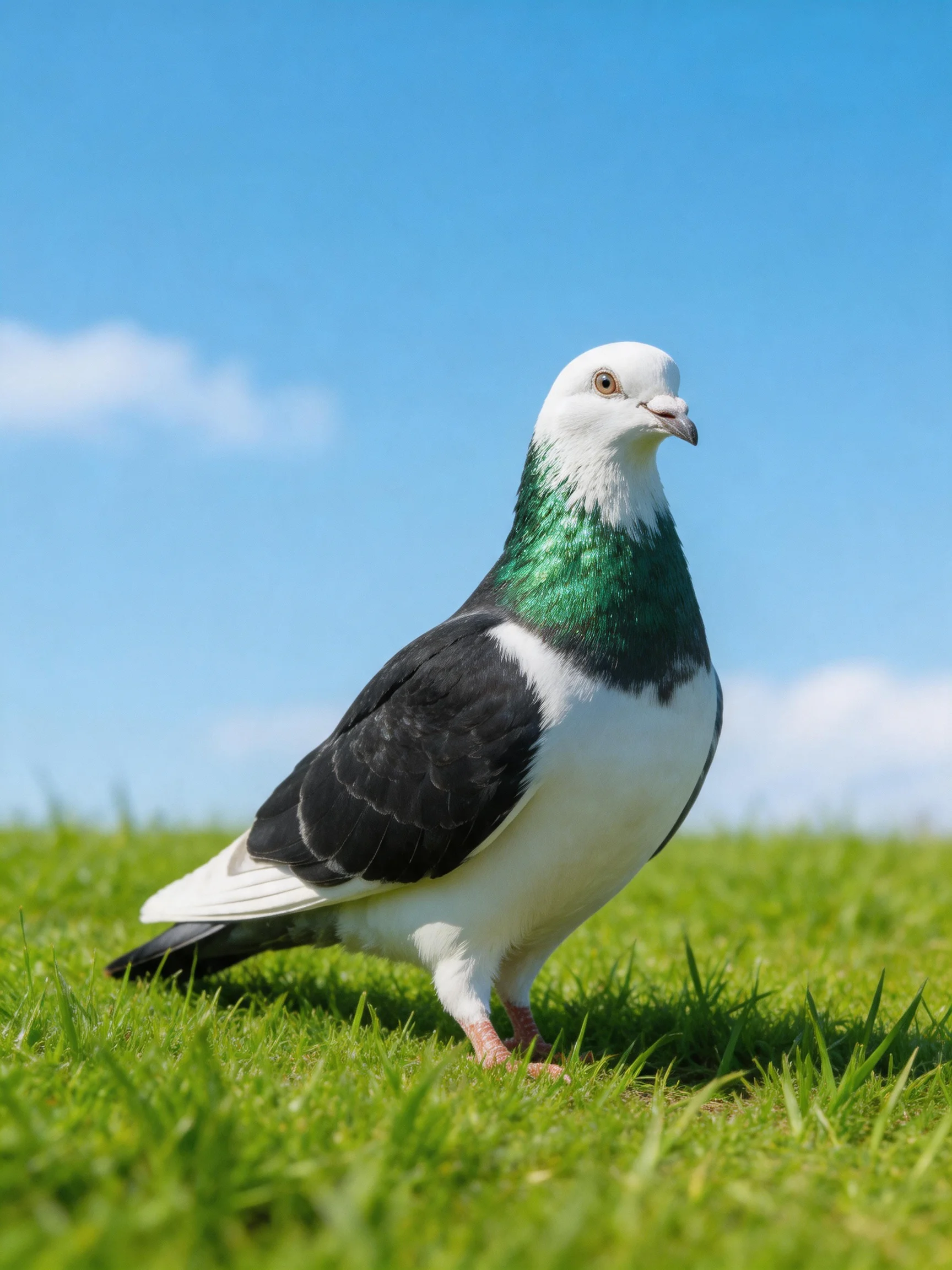 A pigeon with emerald neck, white head, black wings on lush grass