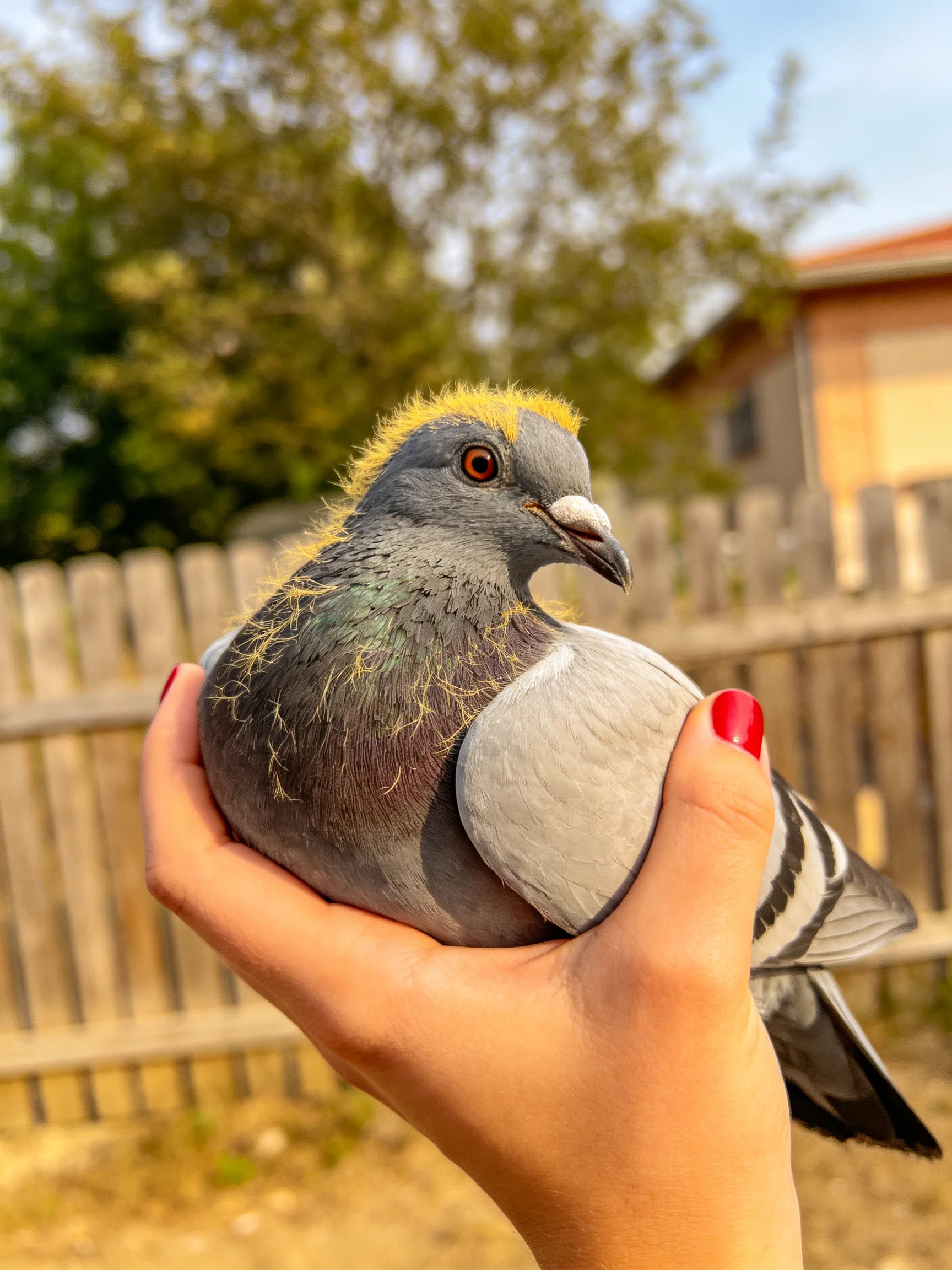 A pigeon with golden crest feathers near a wooden fence